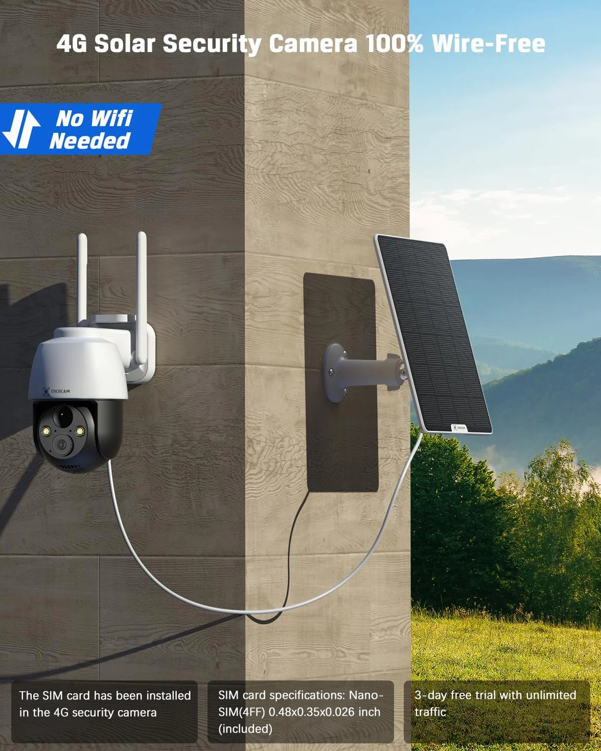 COCOCAM 3G/4G LTE Bezprzewodowa Kamera Bezpieczeństwa 2K na Zewnątrz, Słoneczna, Wykrywanie PIR, AI, Karta SIM w Zestawie