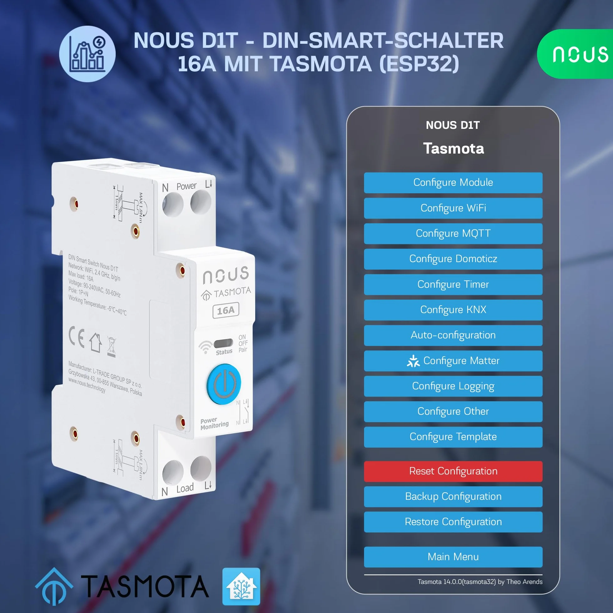 Nous Inteligentny przełącznik DIN 16 A z Tasmota (ESP32), monitorowanie energii, kompatybilny z MQTT, Home Assistant, Matter, sterowanie głosem za pomocą Alexa, Google Assistant