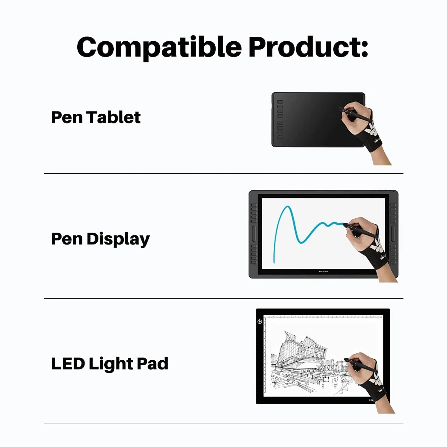 HUION Rękawica do rysowania na tablet graficzny, rękawice przeciwporostowe idealne dla osób korzystających z tabletów do rysowania i lekkich pudełek, dobre dla prawej ręki, dowolny rozmiar
