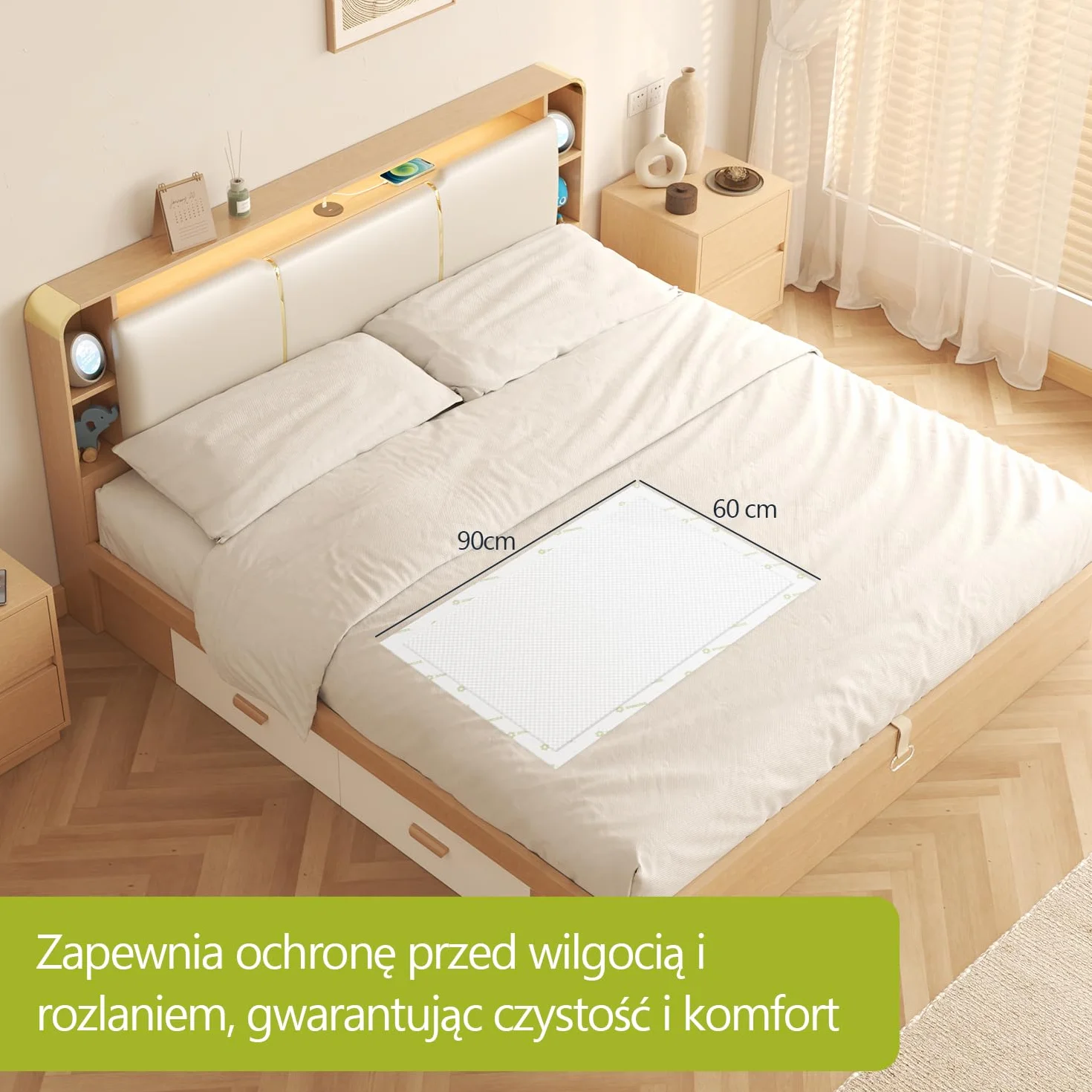 SUNKISS TrustPlus 90 × 60 cm jednorazowe podkładki na nietrzymanie moczu, chłonne podkłady na łóżko dla dorosłych i seniorów, ochrona mebli, nocna ochrona przed wyciekiem, kontrola zapachu, 50 szt.