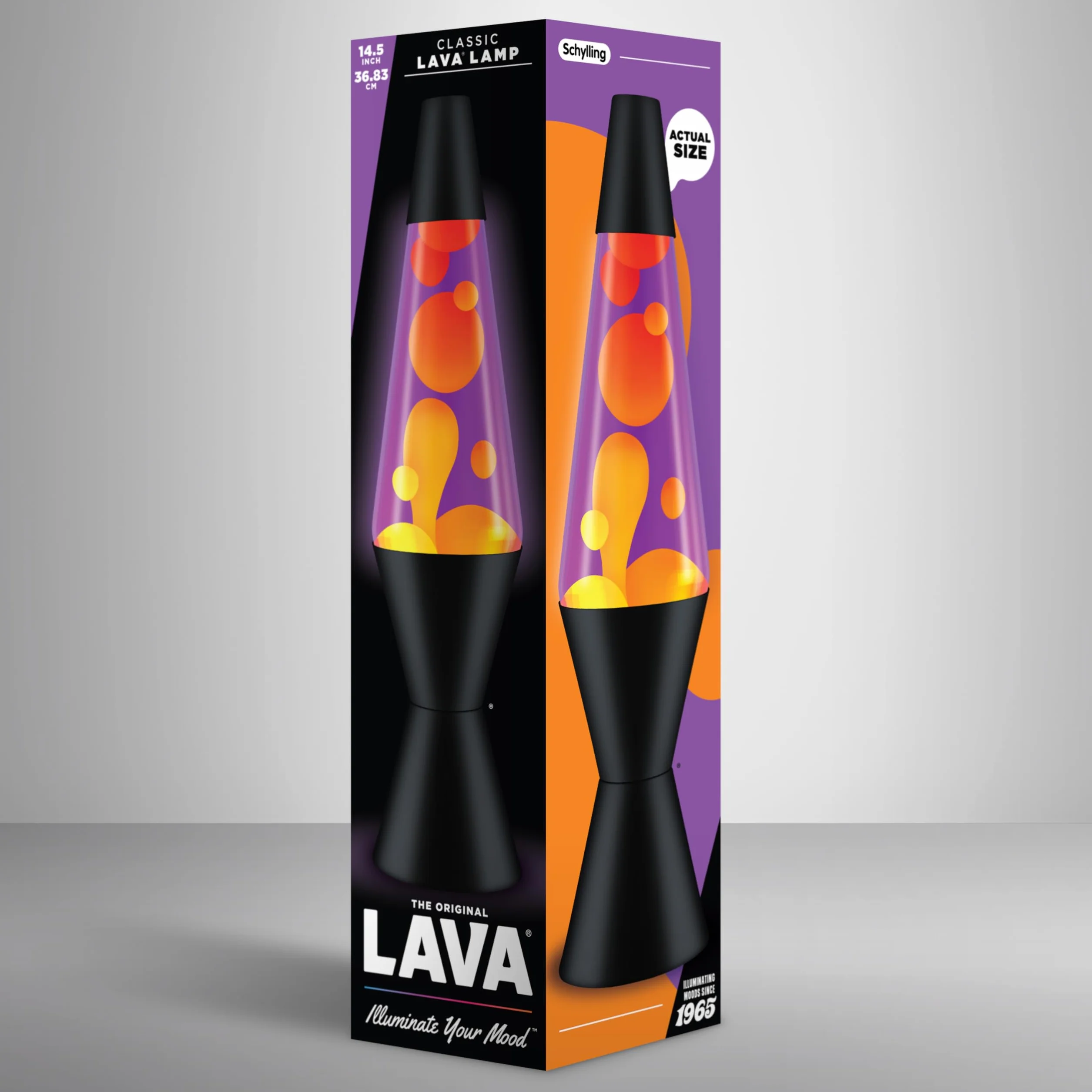 LAVA® - Lampa Lava 2323, żółty wosk, fioletowa ciecz, czarna podstawa i czapka, oryginalna 14,5 cal lampa ruchowa marki LAVA®