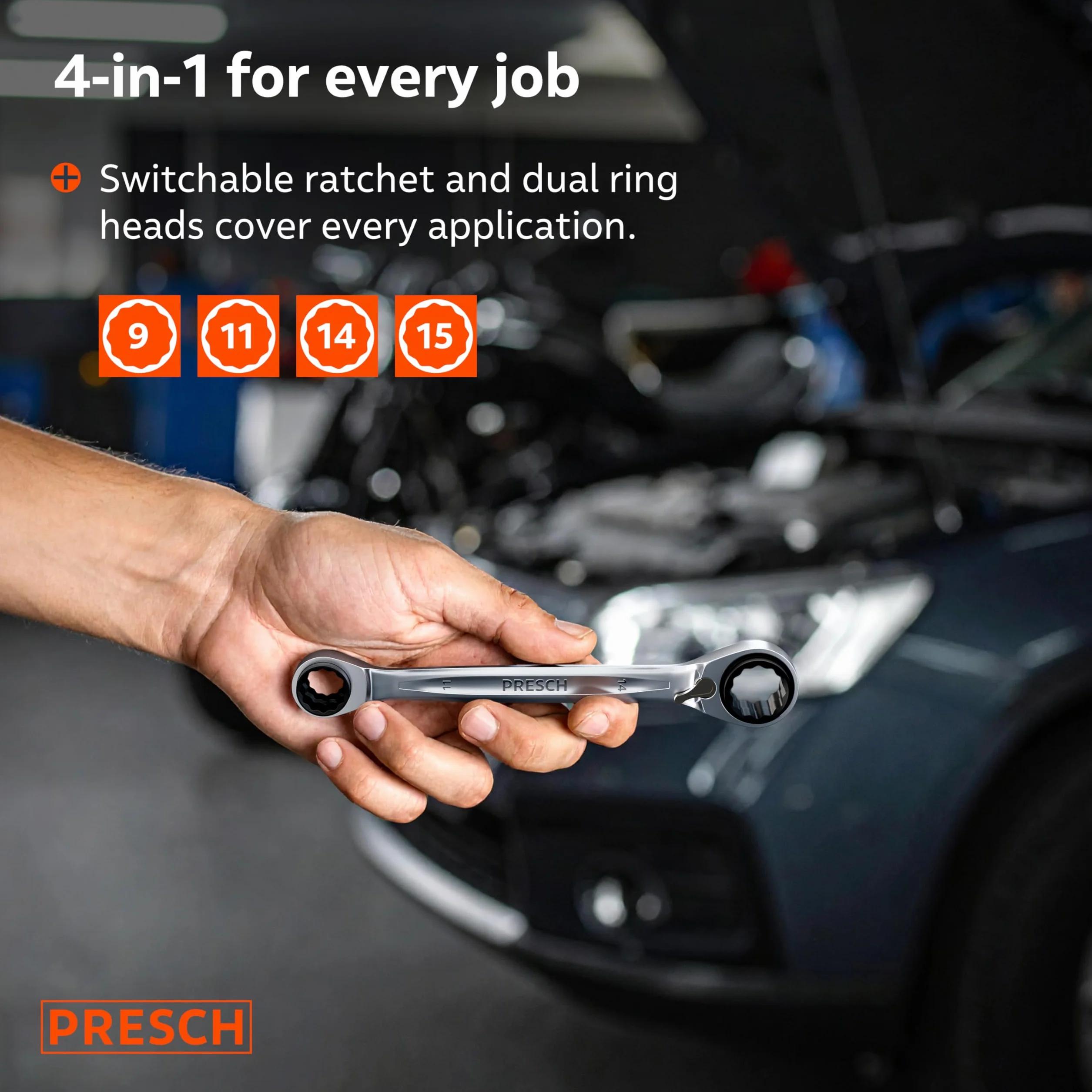Presch Podwójny klucz grzechotkowy 4 w 1 9/11 mm 14/15 mm 90 zębów kąt powrotu 4°