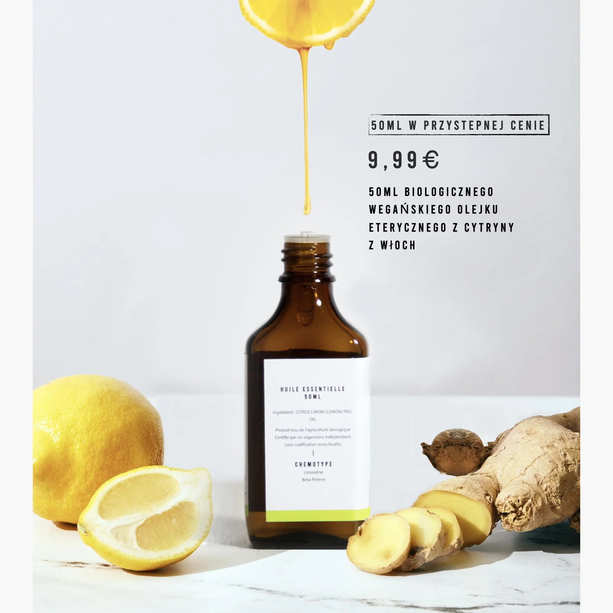 Bio Olejek Eteryczny Cytrynowy 50ml - 100% Czysty Naturalny Ekologiczny - Organic Lemon Essential Oil