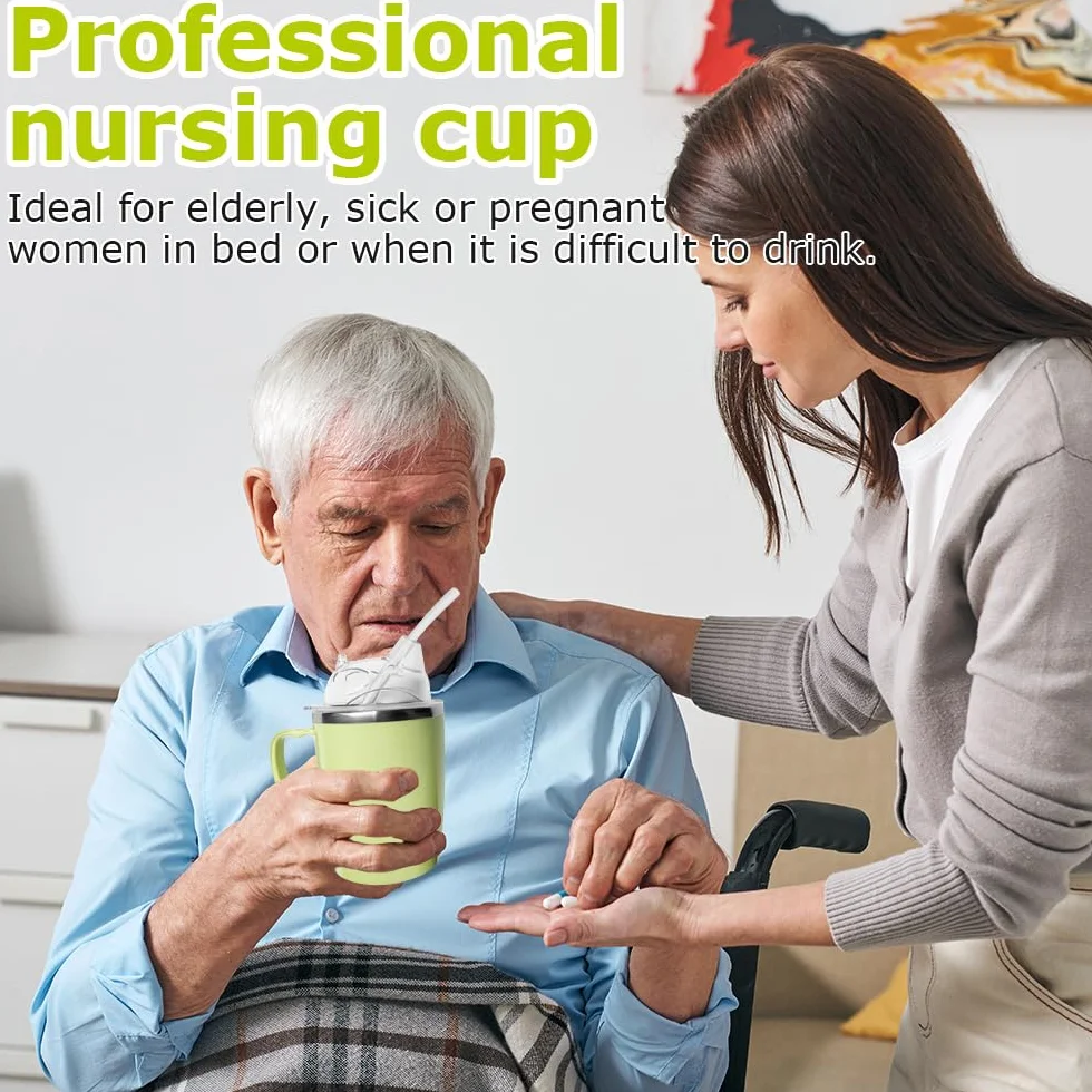 3-w-1 łyżeczka do picia dla seniorów, 350ml bezwypływkowy kubek do picia z uchwytami i 30cm słomką, stalowe kubki do dysfagii dla dorosłych z niepełnosprawnościami i starszych osób