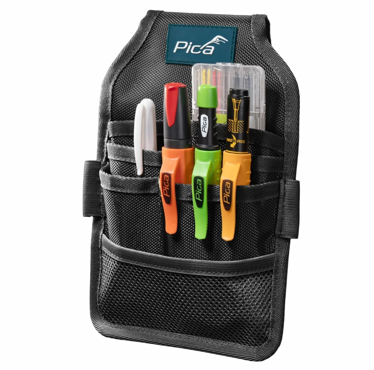 Pica Master Belt 55060 | Wysokiej jakości torba na pas | Pas narzędziowy dla rzemieślników | Zawiera Pica Dry 3030, wkłady Dry 4020, Ink czarny, Visor Permanent 990/40, Instant‑White 532