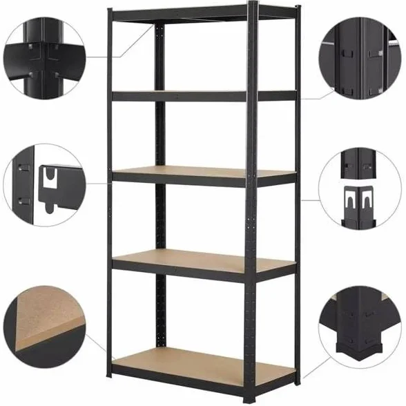 Metaliczny regał magazynowy 3 w 1, regał do piwnicy, spiżarni, garażu i komory gospodarczej, regał do dużych obciążeń - wymiary 180 x 90 x 40, z 5 półkami MDF - czarna stal