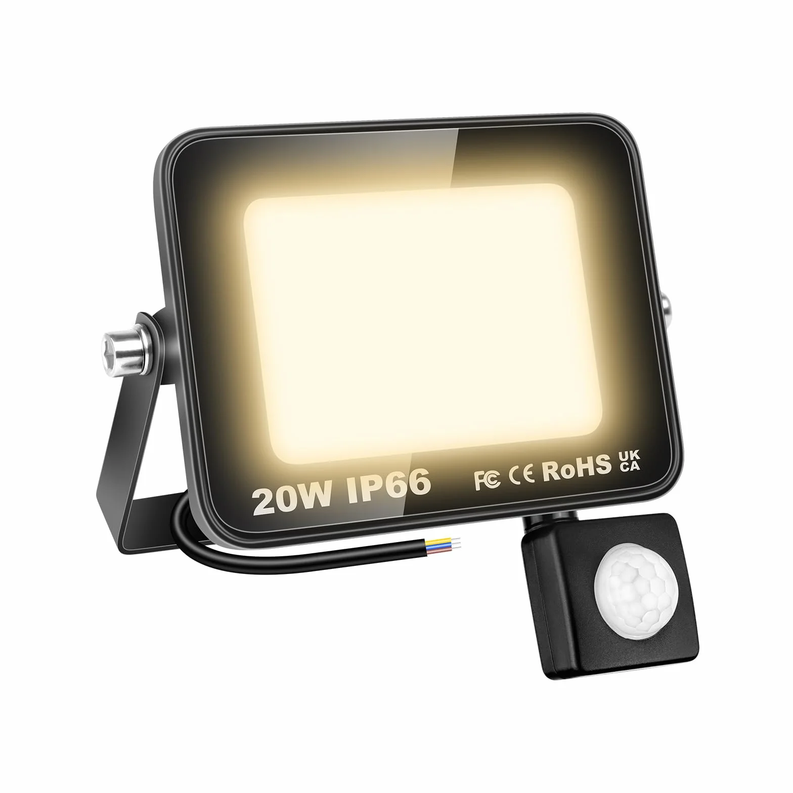 RIGIDON Reflektor LED z czujnikiem ruchu, 20 W, 2000 lm, reflektor zewnętrzny z czujnikiem ruchu, 3000 K, ciepła biel, wodoszczelny, lampa zewnętrzna, lampa zewnętrzna do ogrodu, garażu, podwórka, na