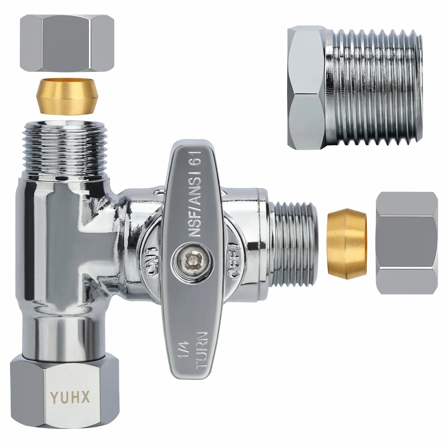YUHX Mosiężny zawór odcinający kątowy Add-A-Tee, wylot kompresyjny 3/8 cala Łatwe podłączenie 3-drożny rozdzielacz 3/20.3 cm x 3/20.3 cm x 3/20.3 cm lub 1/5.1 cm opryskiwacz do bidetu toaletowego T