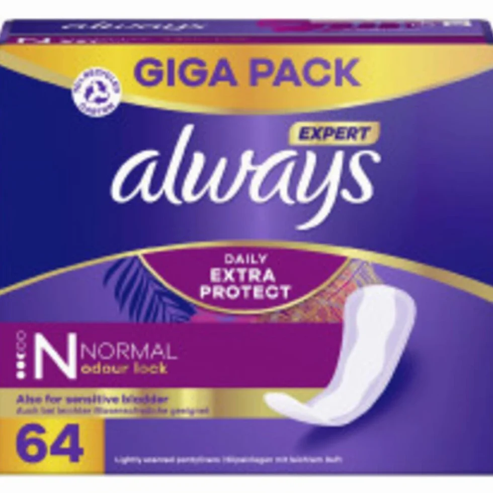 Always Daily Extra Protect Wkładki higieniczne damskie, normalne (64 wiązania), Giga Pack, natychmiast zamykają zapachy i płyny, zapewniając maksymalną ochronę w ciągu dnia
