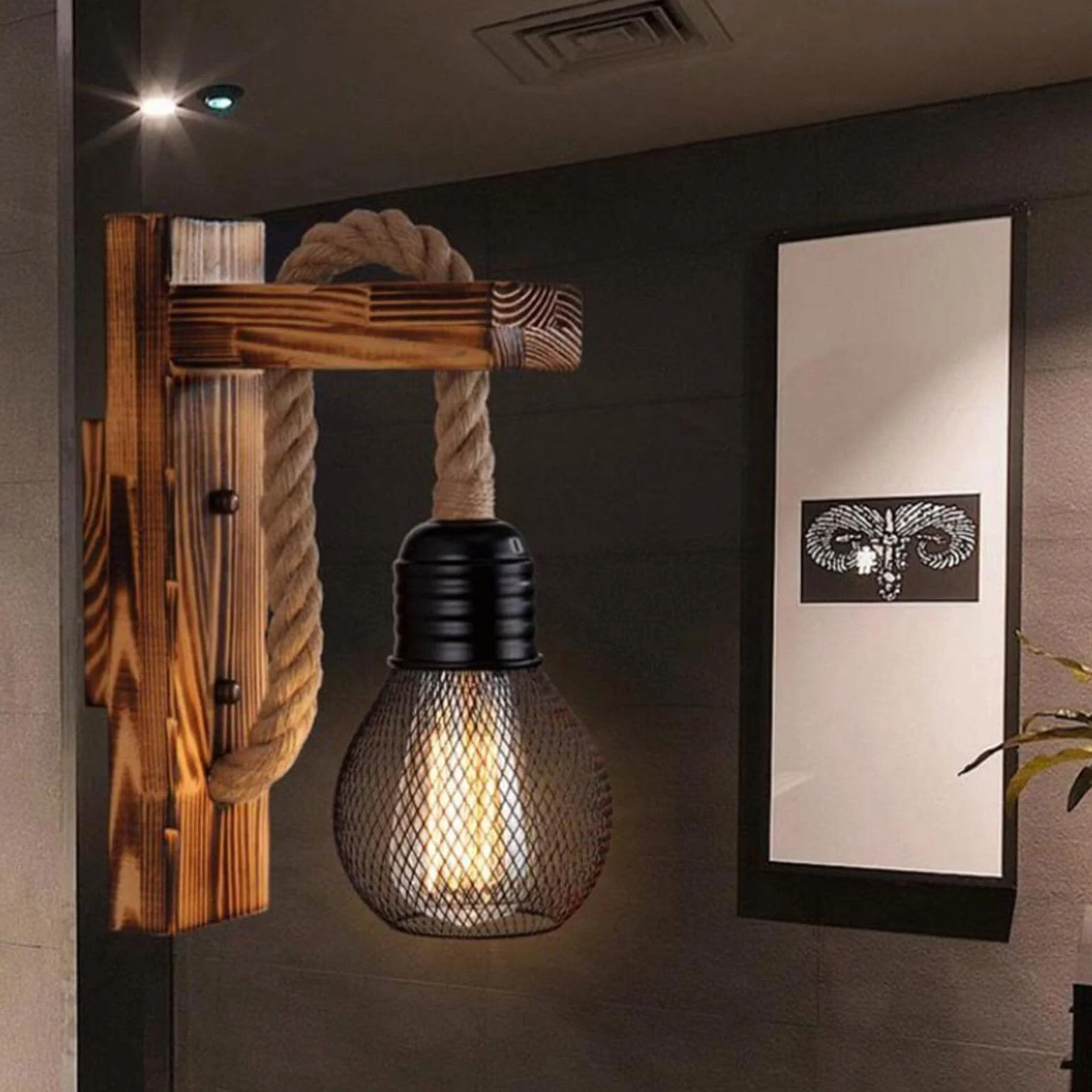 Drewniana lampa ścienna do wnętrz, E27 LED lina konopna, lampa ścienna z kloszem, industrialna lampa ścienna w stylu vintage, lampa ścienna do wnętrz, w stylu retro, do korytarza, sypialni