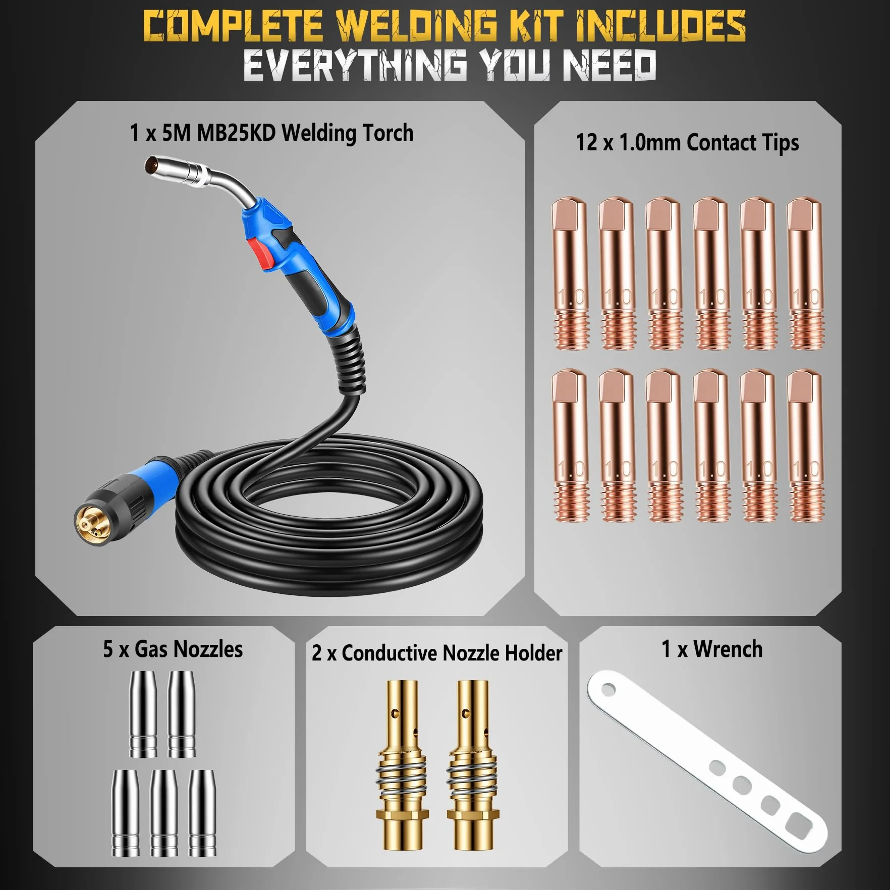 MB25KD MIG/MAG zestaw palników spawalniczych, 5 m, gaz ochronny z przyłączem euro, 20-częściowy zestaw części eksploatacyjnych wraz z miedzianym dyfuzorem i dyszami kontaktowymi, 250 A do spawania CO2