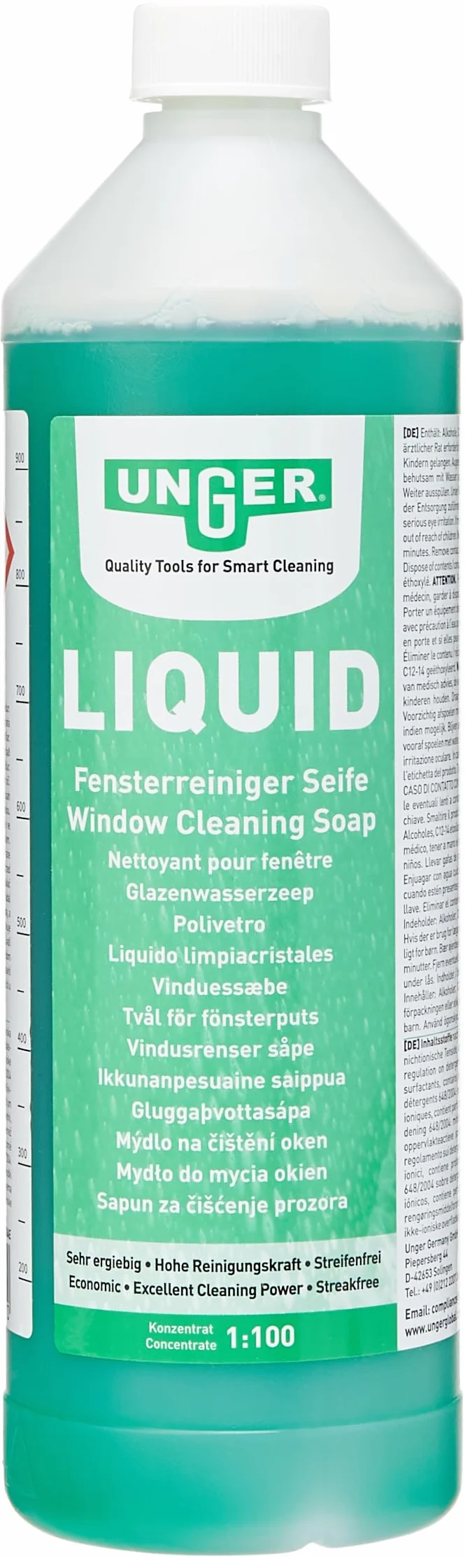 UNGER Środek do czyszczenia szyb UNGER's Liquid (1 litr, koncentrat, proporcje mieszania 1:100, neutralne pH, okna bez smug, zamknięcie bezpieczeństwa, skala dozowania) FR100