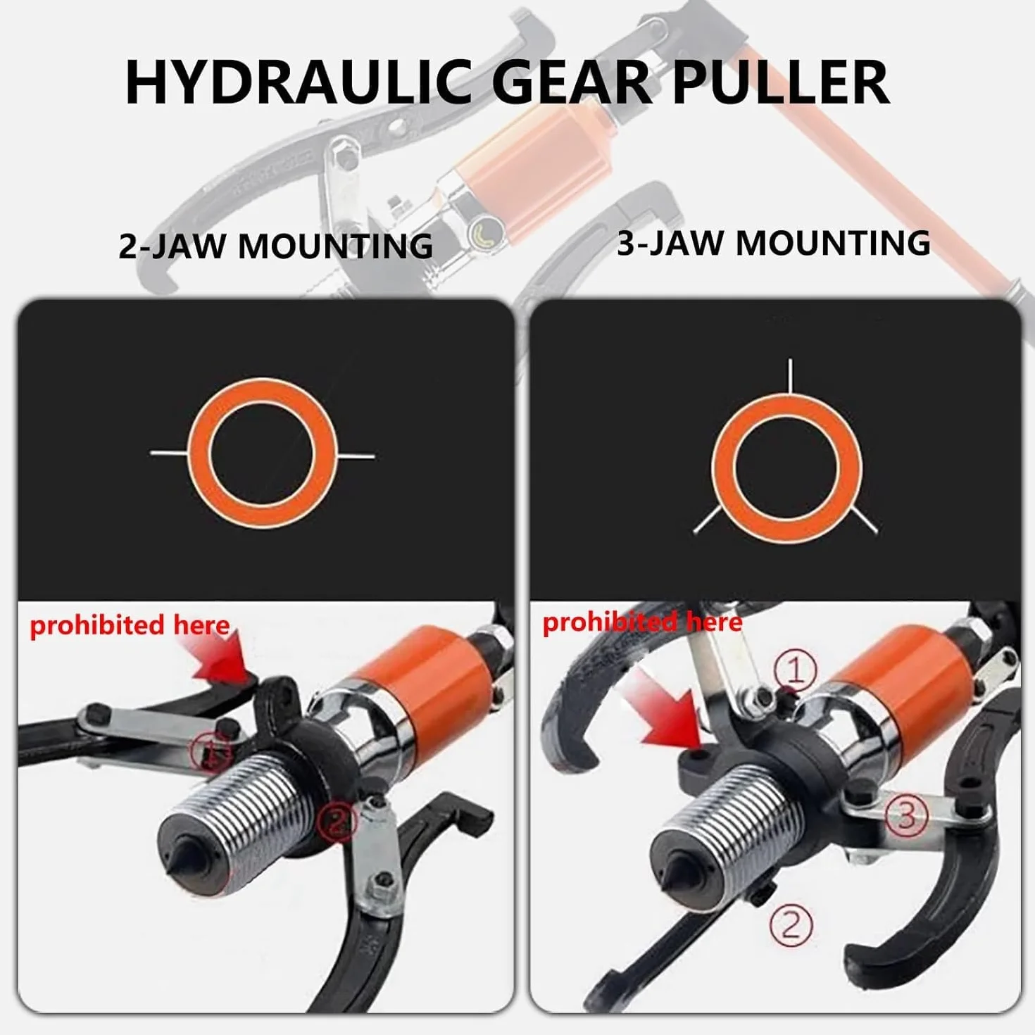 Hydrauliczny ściągacz do kół zębatych, 5T/50T, hydrauliczny ściągacz kół zębatych – 2/3-szczękowy ściągacz do łożysk piast, kół zębatych, kół pasowych, kół zamachowych – zastosowanie poziome i pionowe