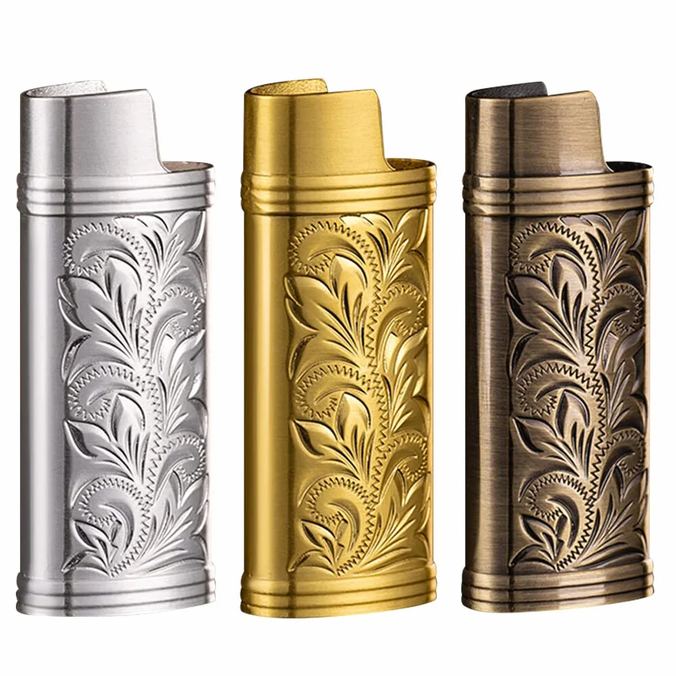 BYNYXI 3 sztuki etui na zapalniczkę w stylu vintage do mini zapalniczki BIC, przenośna osłona na zapalniczkę, metalowa, retro, z łańcuszkiem, grawerunek, wielokrotnego użytku, regularne