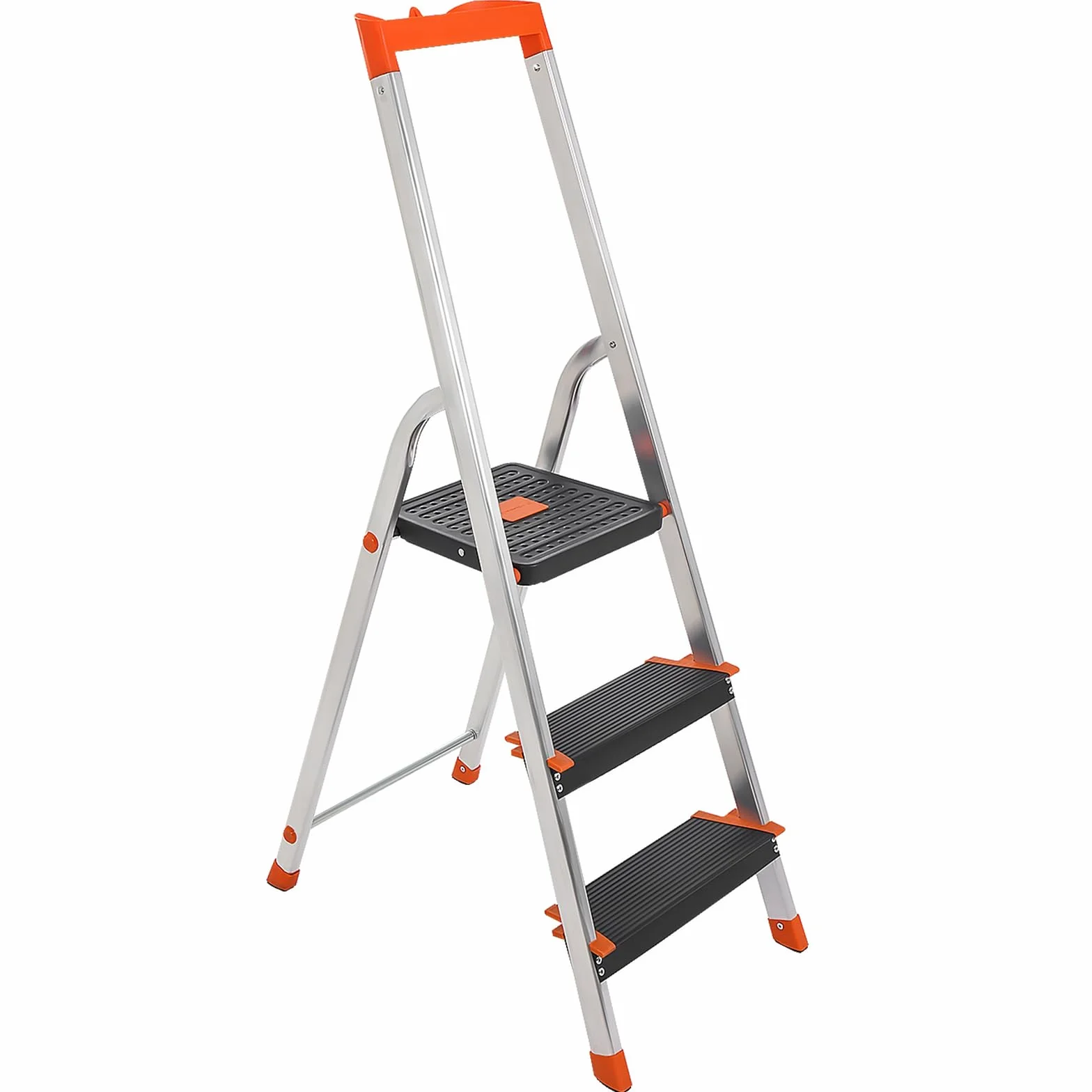 SONGMICS Drabina z 3 stopniami, drabina aluminiowa, stopnie o szerokości 12 cm z przetłoczeniami, nóżkami antypoślizgowymi, półką na narzędzia, nośność do 150 kg, czarno-pomarańczowy GLT03BK