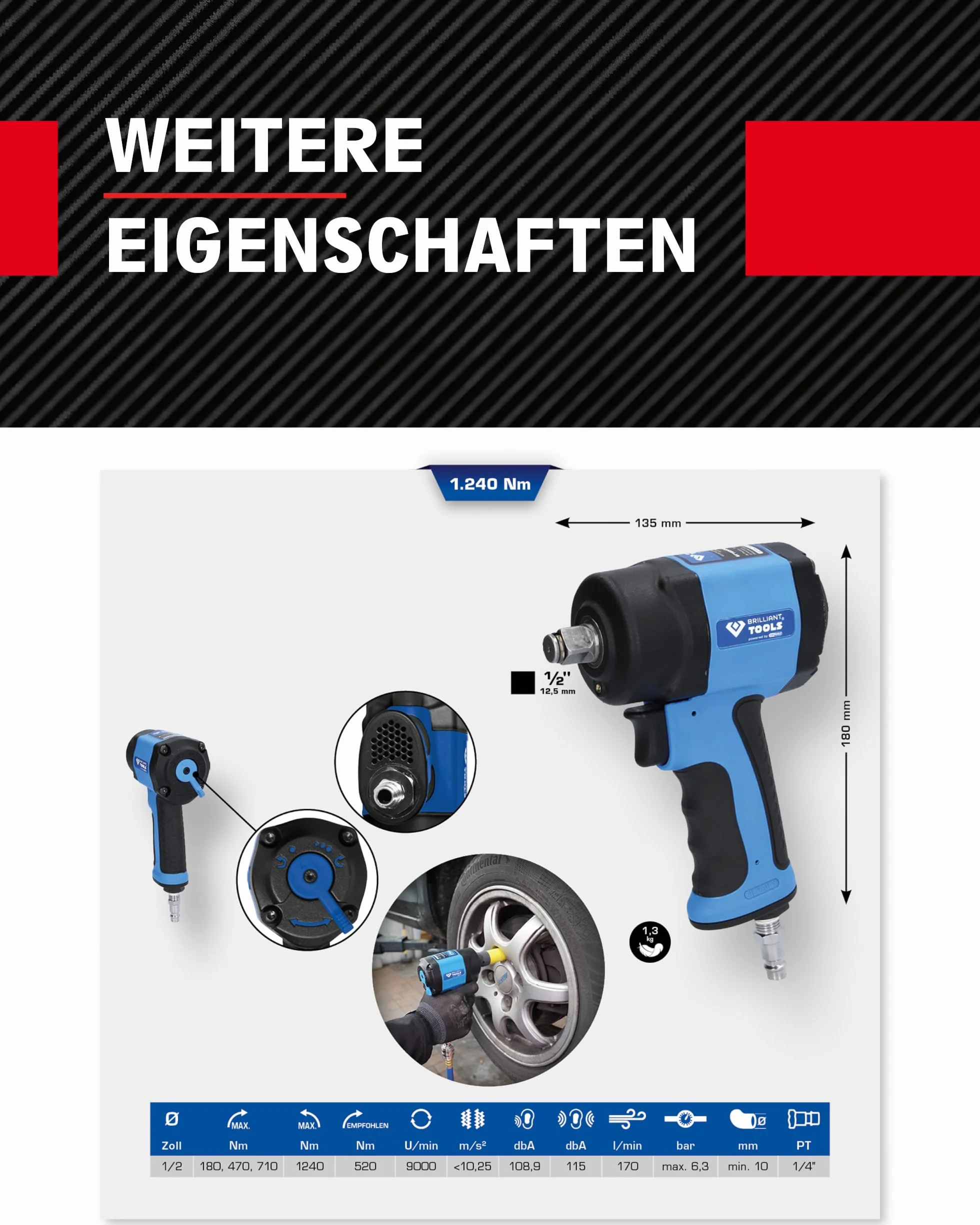 BRILLIANT TOOLS BT160400 1/2" Mini pneumatyczny klucz udarowy, 1.240 Nm [Powered by KS TOOLS]