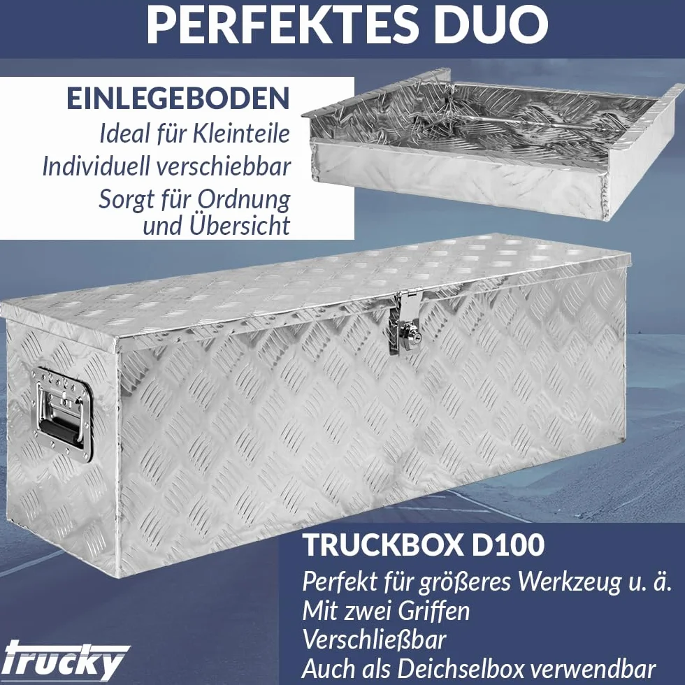 Trucky Zestaw D100 + schowek do zawieszania, skrzynka narzędziowa, skrzynka na przyczepę, aluminiowa skrzynka na przyczepę, pojemnik aluminiowy, pojemnik na wkładkę, pojemnik na przybory