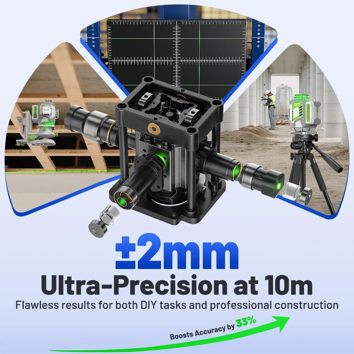 Huepar Pro Samopoziomujący 4 x 360° Zielona poziomica laserowa narzędzie do budownictwa - Wysoka dokładność, 8000mAh akumulator litowo-jonowy, Pilot zdalnego sterowania i twardy pokrowiec