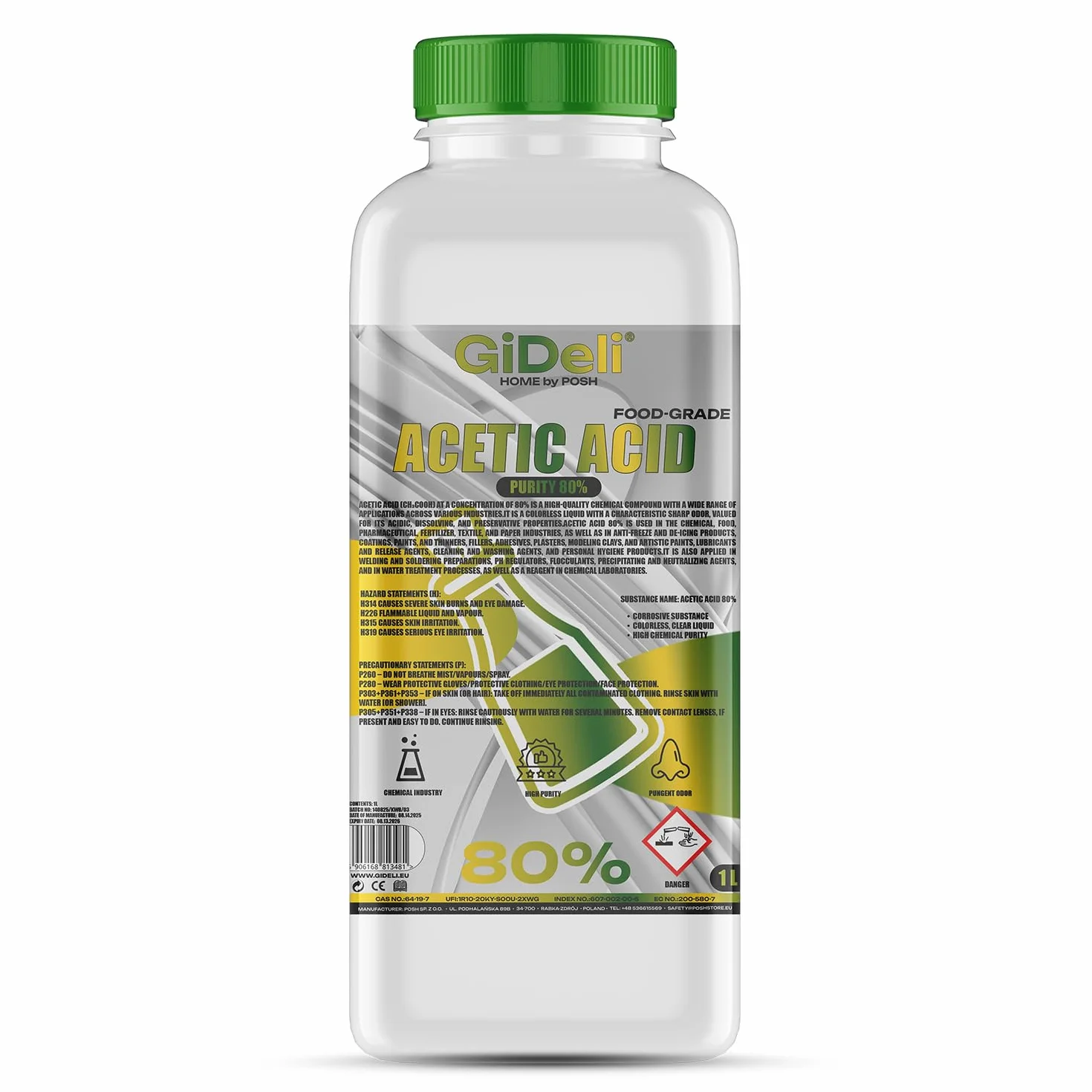 GiDeli Kwas octowy 80% 1 l – mocny Vinegar do czyszczenia – do skutecznego czyszczenia, odkamieniania i użytku domowego – usuwanie zapachów i konserwowanie żywności
