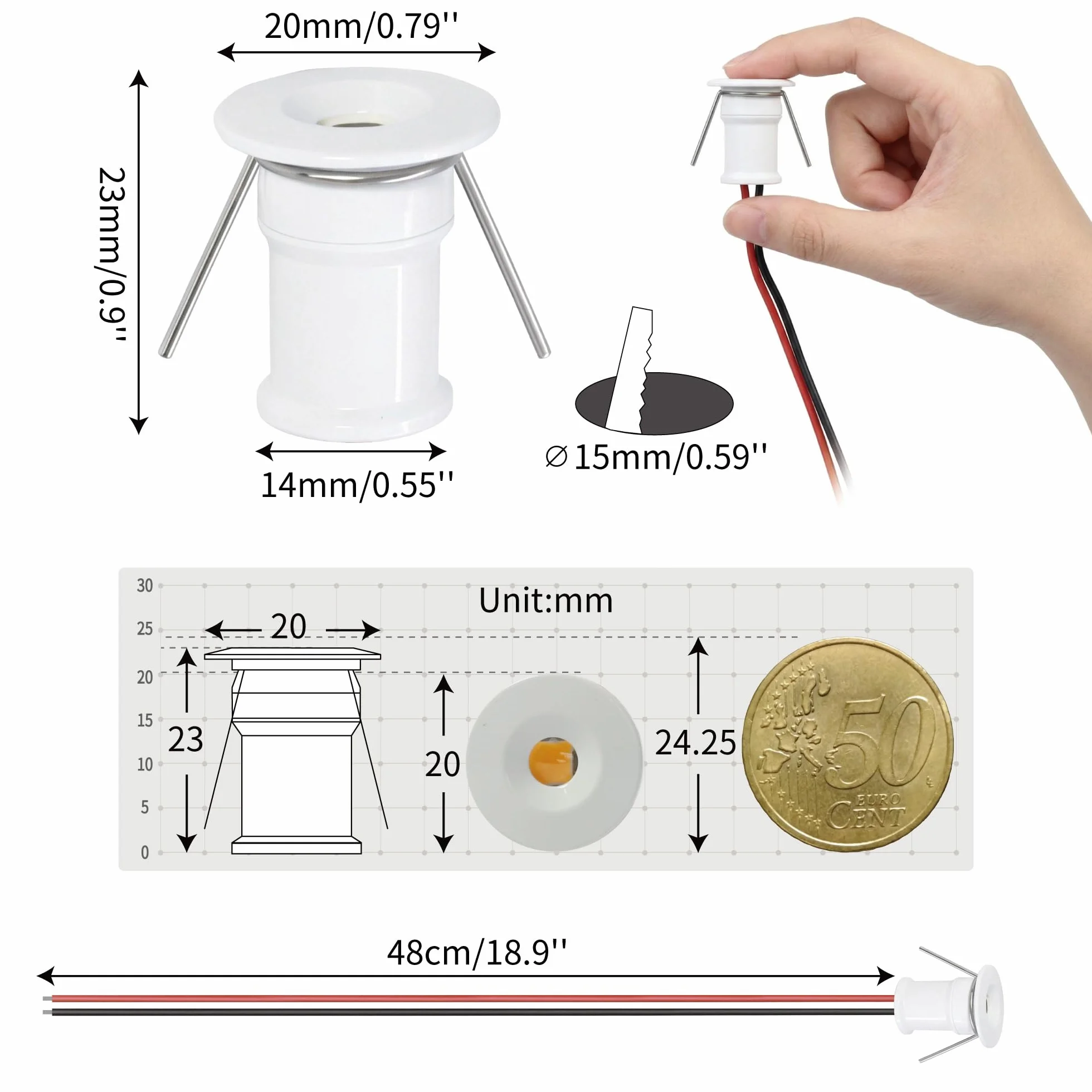 9SZT 12V 1W Mini LED Lampa Spotlight, IP65 Wodoodporna Lampa Wbudowana do Wystaw, Użycie Wewnętrzne Kuchnia Schody Szafka Korytarz Oświetlenie DIY (Biały Biały Ciepły 30°)