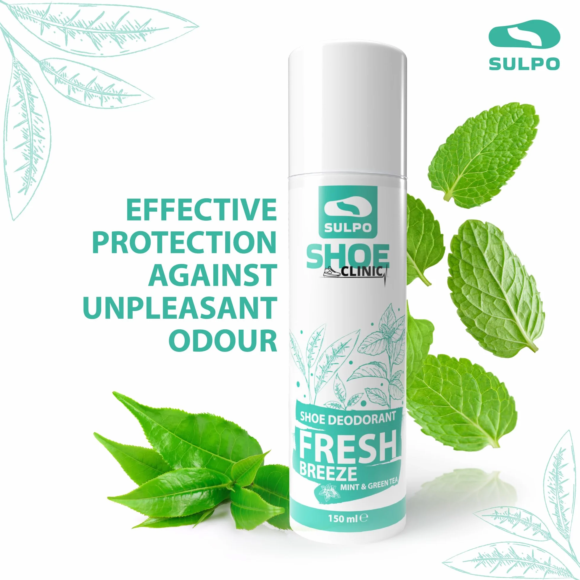 SULPO Shoe Clinic dezodorant do butów - przeciw nieprzyjemnemu zapachowi - spray do butów odor stop - odświeżający spray do usuwania zapachu z butów - mięta i zielona herbata 150ml