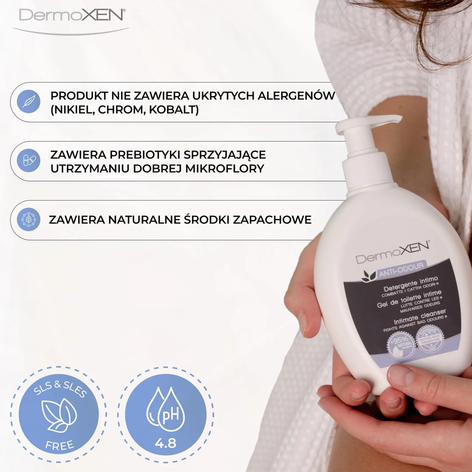 Dermoxen Detergent do bielizny dla kobiet przeciwzapachowych na Candida, miesiączkę i nietrzymanie moczu. Włókna prebiotyczne i melisy przeciwko nieprzyjemnym zapachom intymnym. Bezpieczny w ciąży