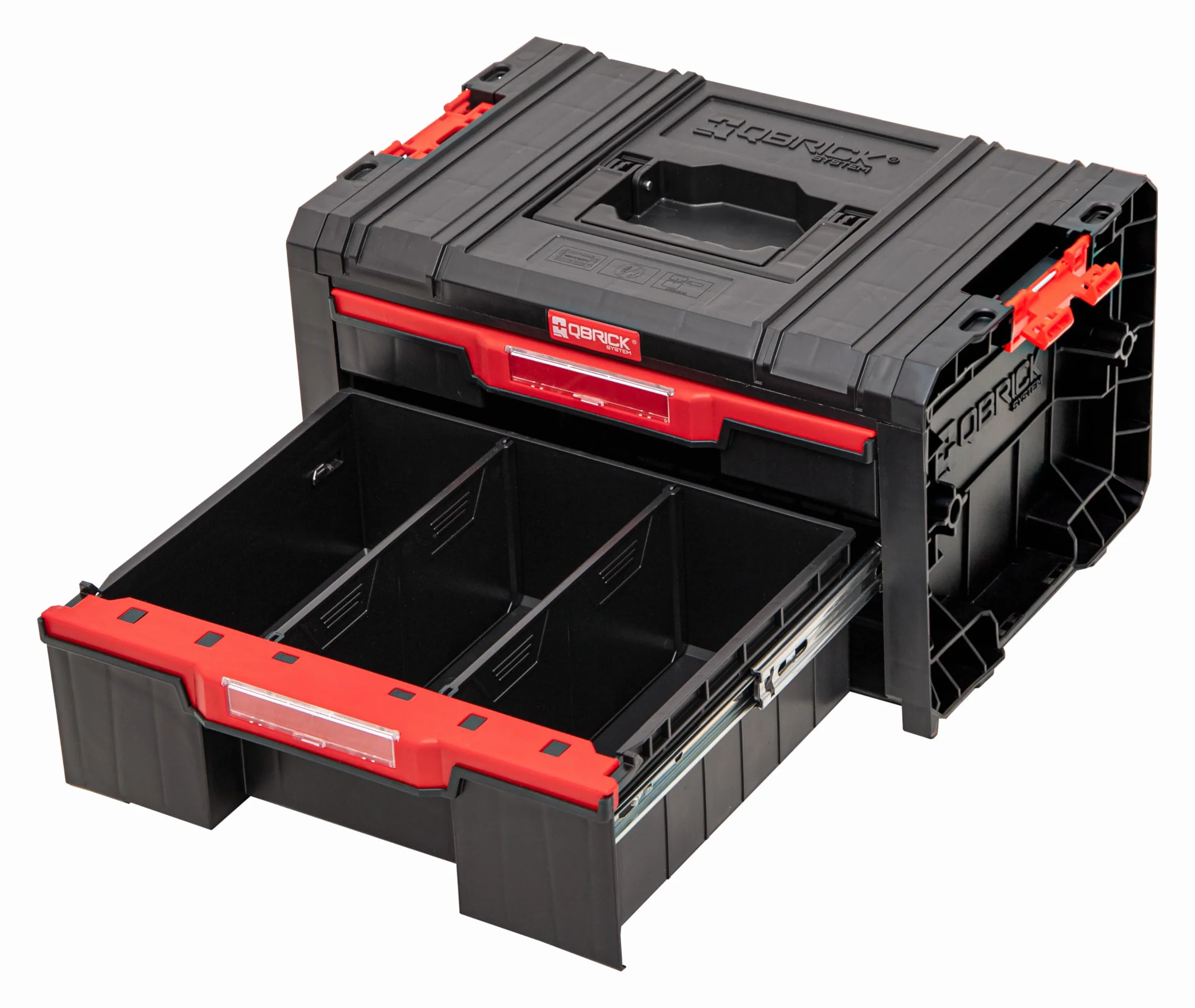 Qbrick System Skrzynka narzędziowa skrzynka narzędziowa Pusta skrzynka na narzędzia PRO Drawer 2 Toolbox 2.0 Basic czarna czerwona 450 x 310 x 244 mm