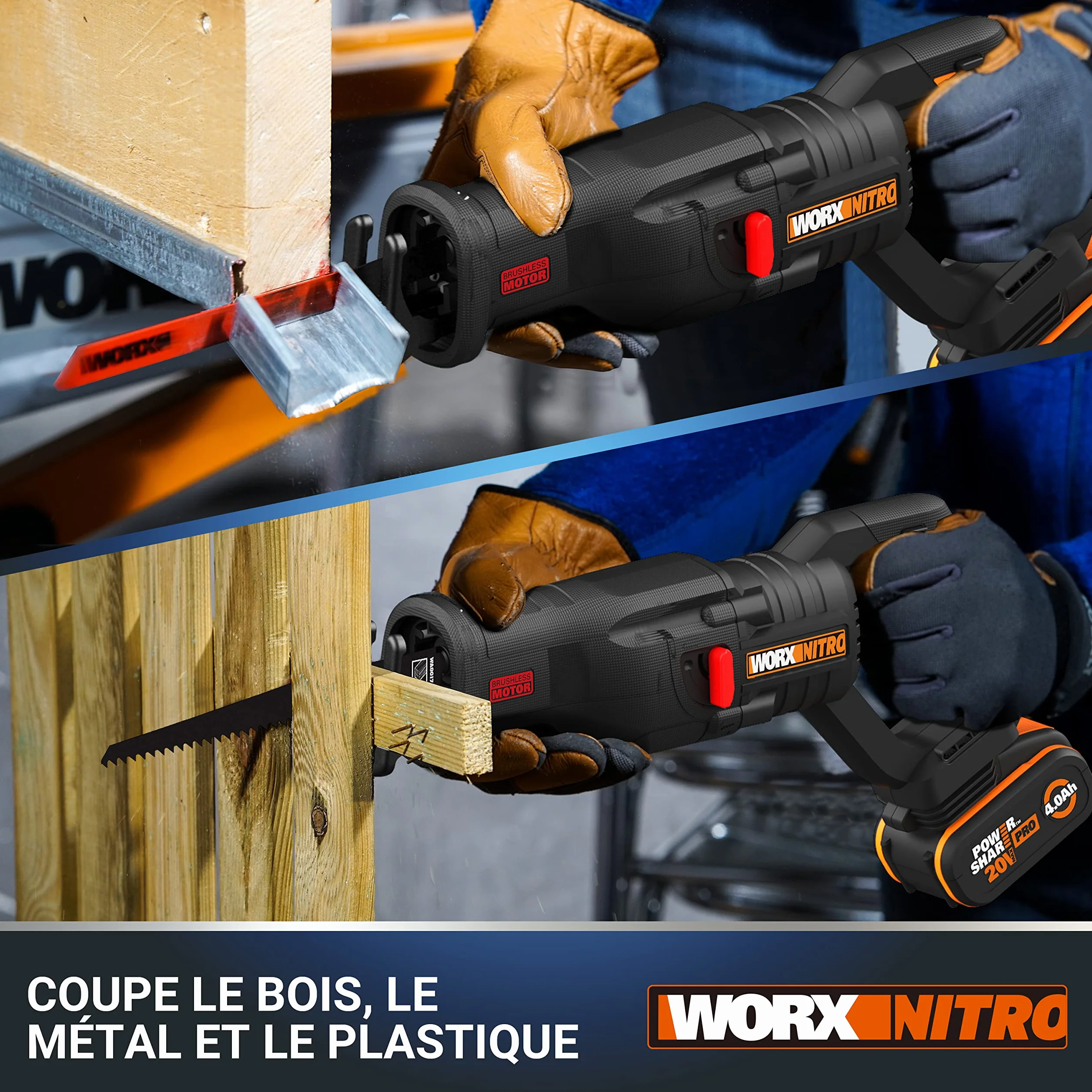 WORX WX516 Nitro akumulatorowa piła szablasta 20 V – wydajny silnik bezszczotkowy – szybka wymiana brzeszczotu – zmienna prędkość cięcia – światło LED – w zestawie akumulator 4 Ah, szybka ładowarka i