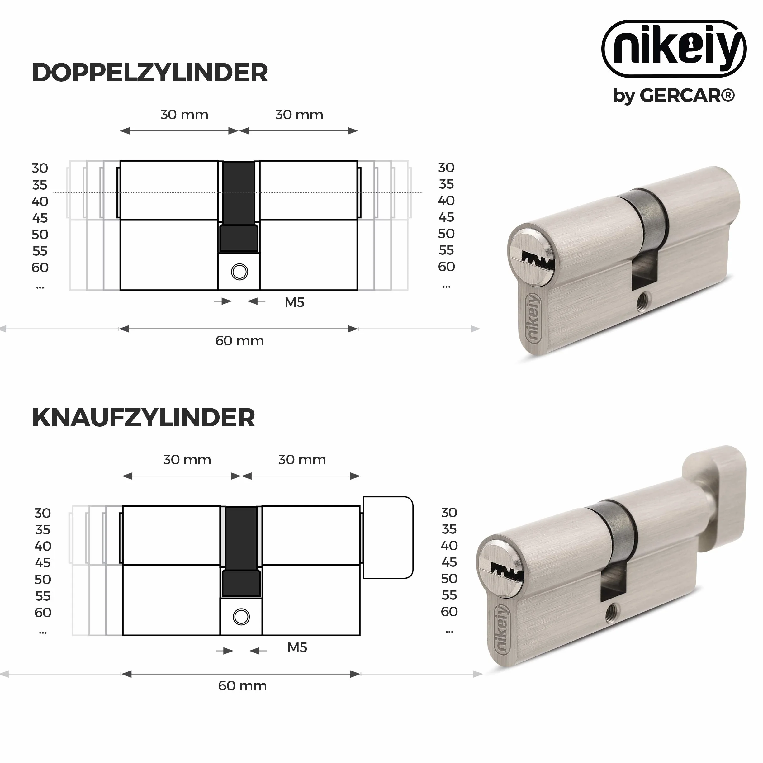 GERCAR Pro cylinder profilowy 30/40 masywny cylinder zamykający podwójny cylinder zamek bębenkowy zamek drzwi - z mosiądzu niklowanego - w zestawie 5 kluczy - klucz dwustronny - długość: 70 mm, A: 30