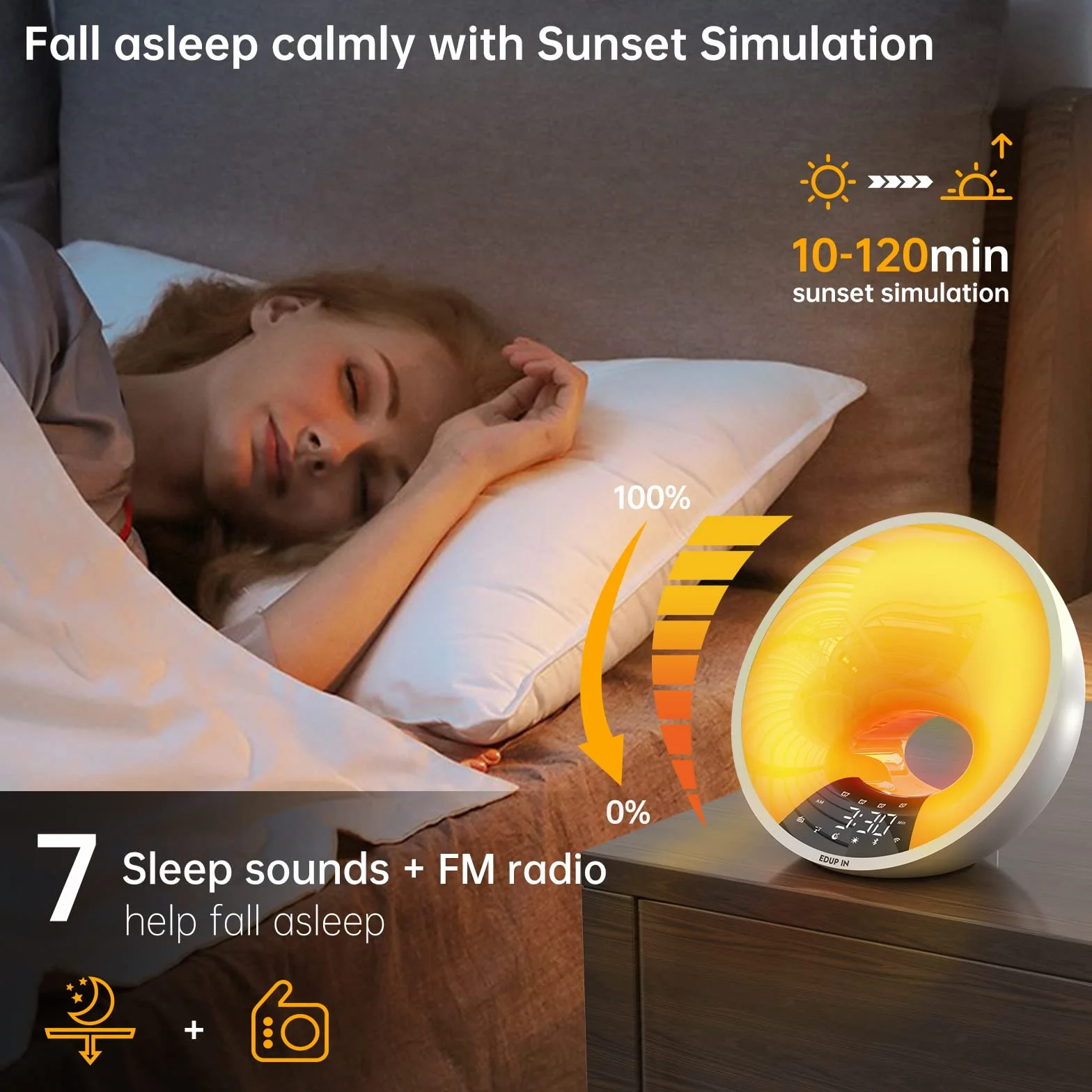 EDUP IN Wake-up Light, Inteligente Oświetlenie, Budzik świetlny smart, łatwe budzenie, symulacja wschodu słońca, głośnik sterowany aplikacją, 4 budziki, drzemka, 16 mln kolorów Lampka nocna
