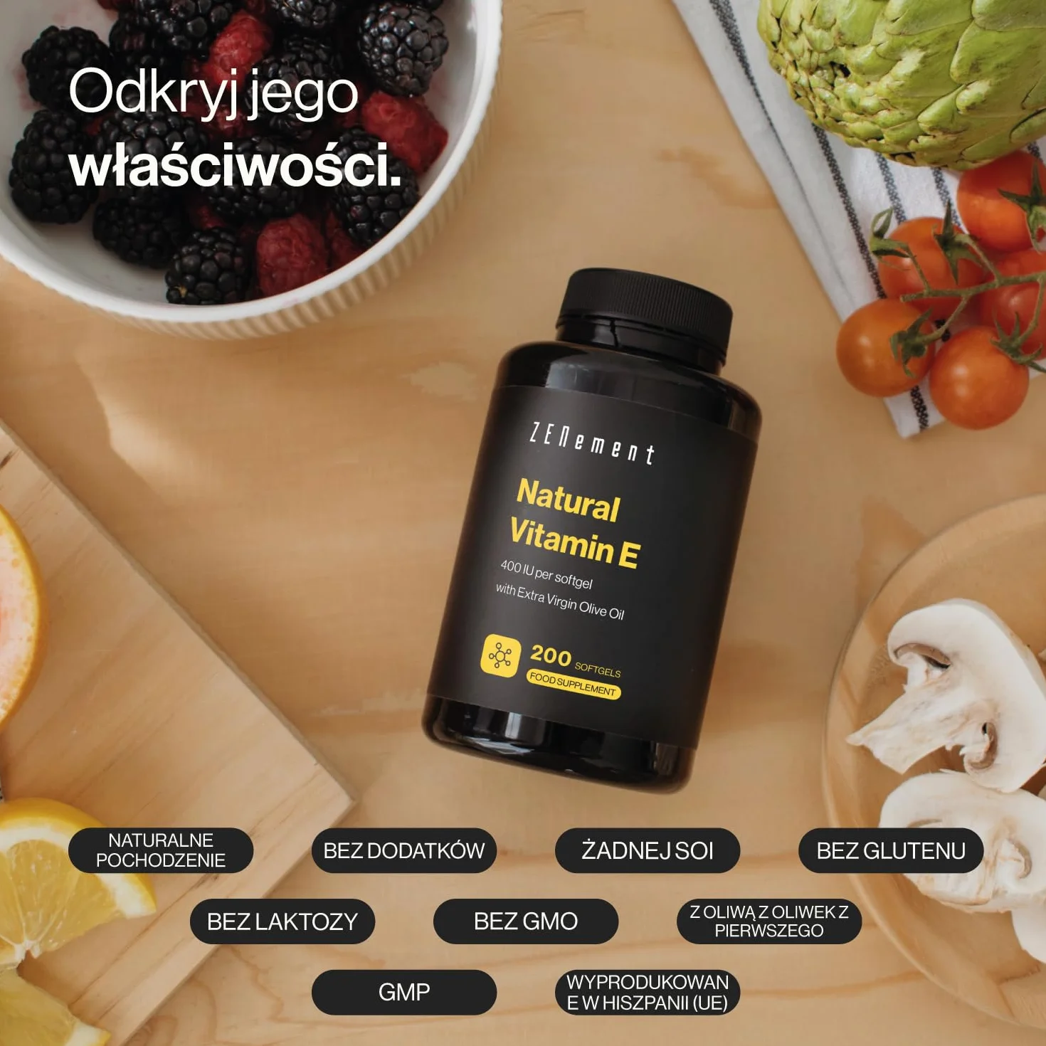 Naturalna witamina E 400 IU, 200 kapsułek miękkich (zapas na 7 miesięcy) | Silny przeciwutleniacz, chroni komórki przed stresem oksydacyjnym | D-alfa-tokoferol z oliwą z oliwek extra virgin | Zenement