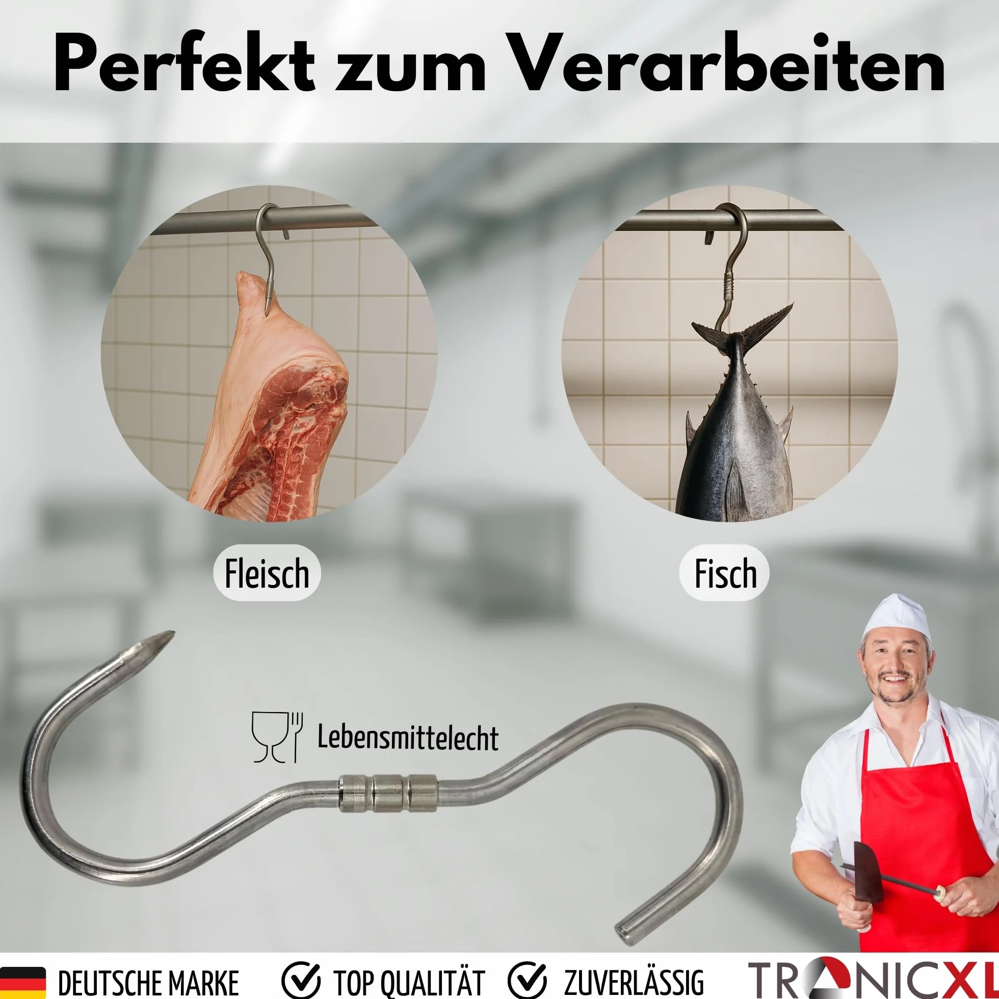 TronicXL 2 sztuki profesjonalnych haków w kształcie litery S – 260 x 10 mm hak obrotowy ze stali nierdzewnej hak do rozbijania dzikich haków do mięsa obrotowy do zawieszenia dzikiej ryby, kiełbasek