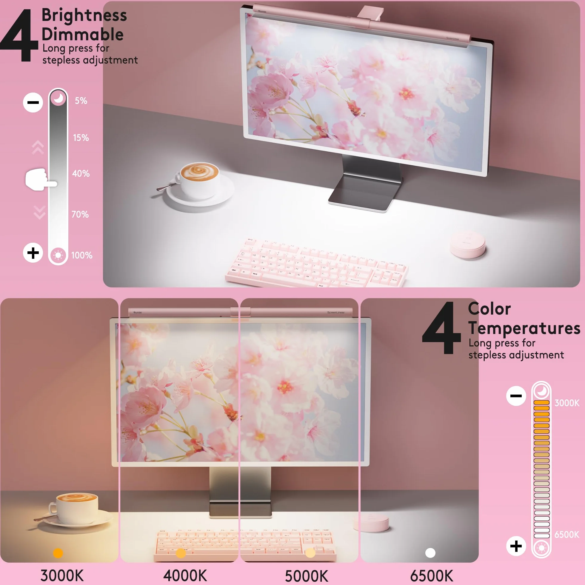Quntis 51cm różowa listwa oświetleniowa monitora z pilotem i podświetleniem RGB, zakrzywiona lampa monitora komputerowego, regulacja temperatury barwowej i jasności, brak odblasków, ochrona oczu
