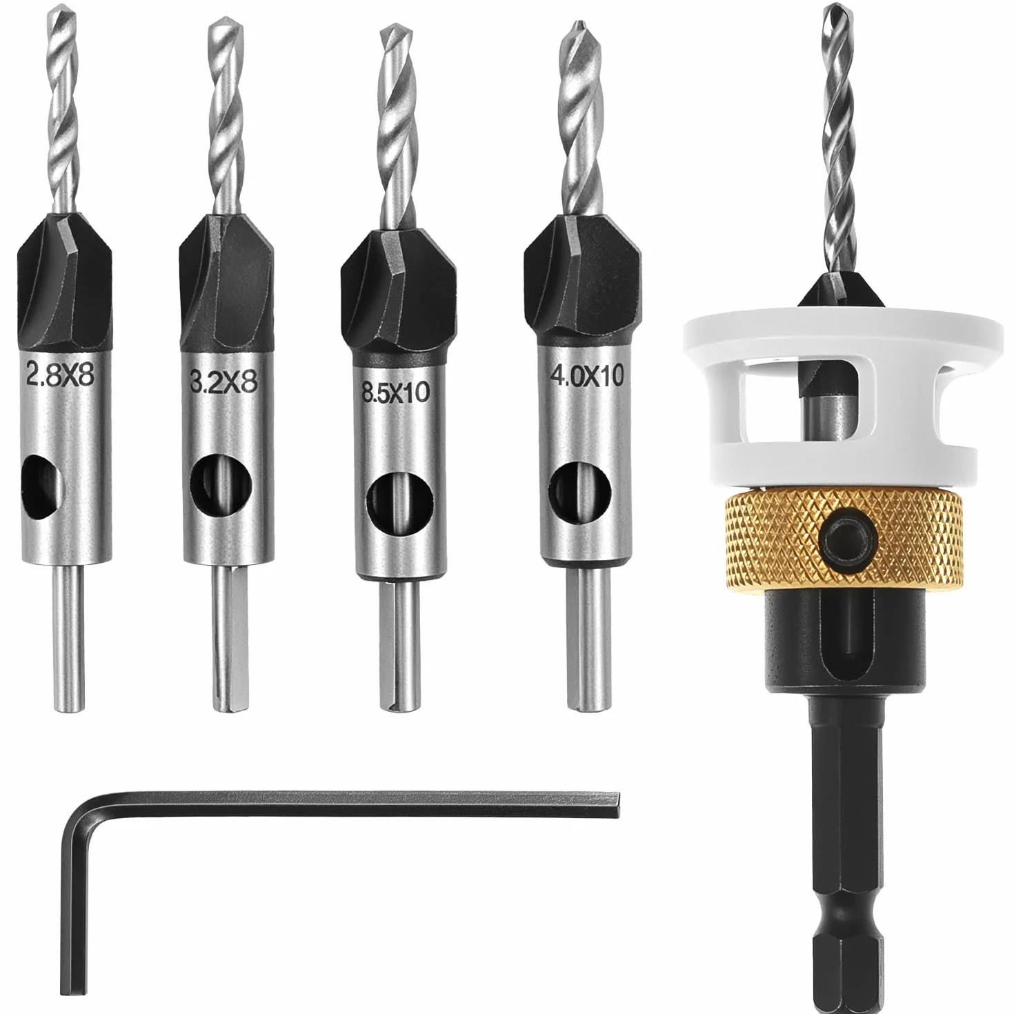 QWORK® 6-częściowy zestaw wierteł z ogranicznikiem głębokości, Ø 2,8/3,2/3,5/4 mm x 8 mm, HSS-M2, wiertła do drewna do precyzyjnych otworów wpuszczanych, chwyt sześciokątny 1/4"