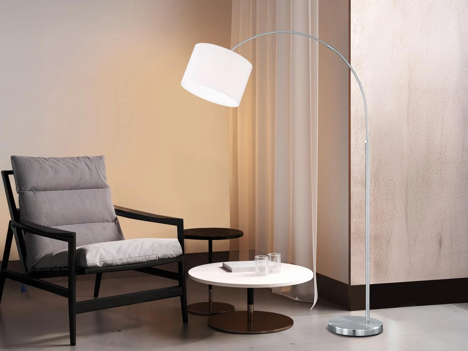 meineWunschleuchte Lampa łukowa z regulacją wysokości z abażurem z materiału w kolorze białym, maks. wysokość 215 cm