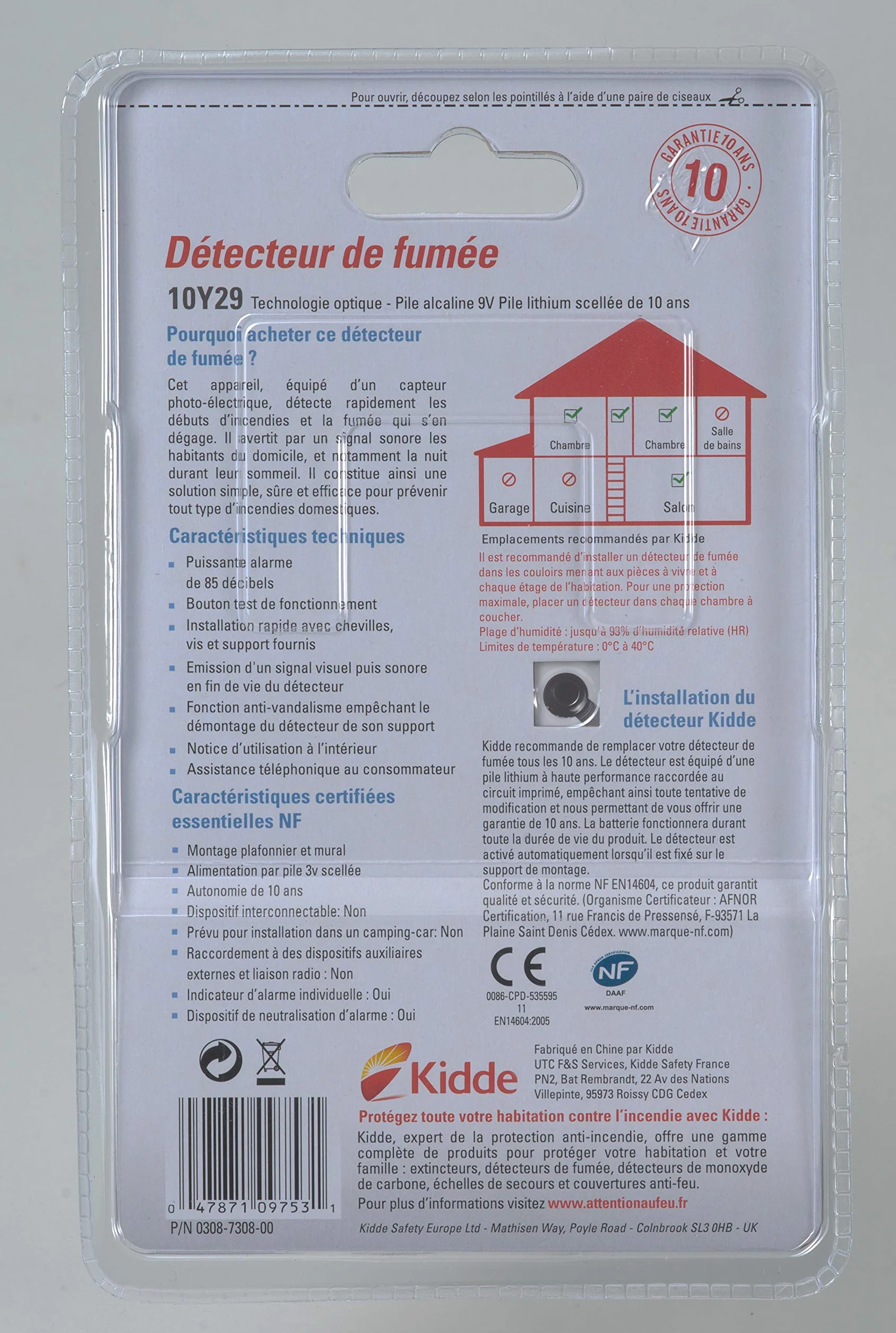 Kidde KID10Y29 Czujnik dymu 10 lat z baterią - pudełko, biały, 4 x 10 x 10 cm