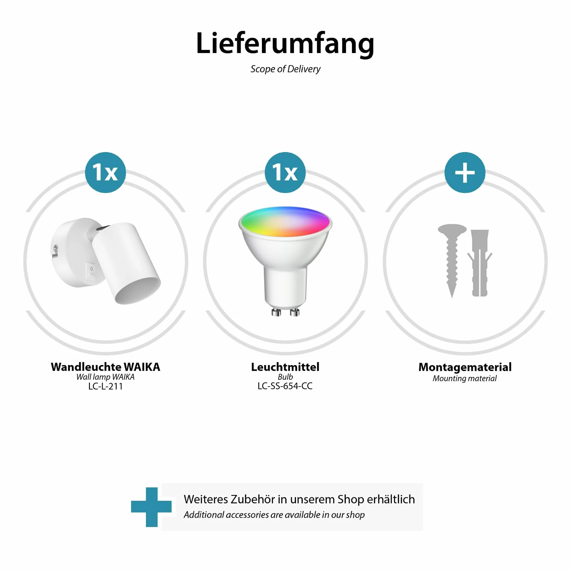 ledscom.de 2 spoty ścienne WAIKA, jednopłomienne, z przełącznikiem, GU10, biały mat, w zestawie z lampą LED Smart Home RGBW GU10, 5.41W, 473lm