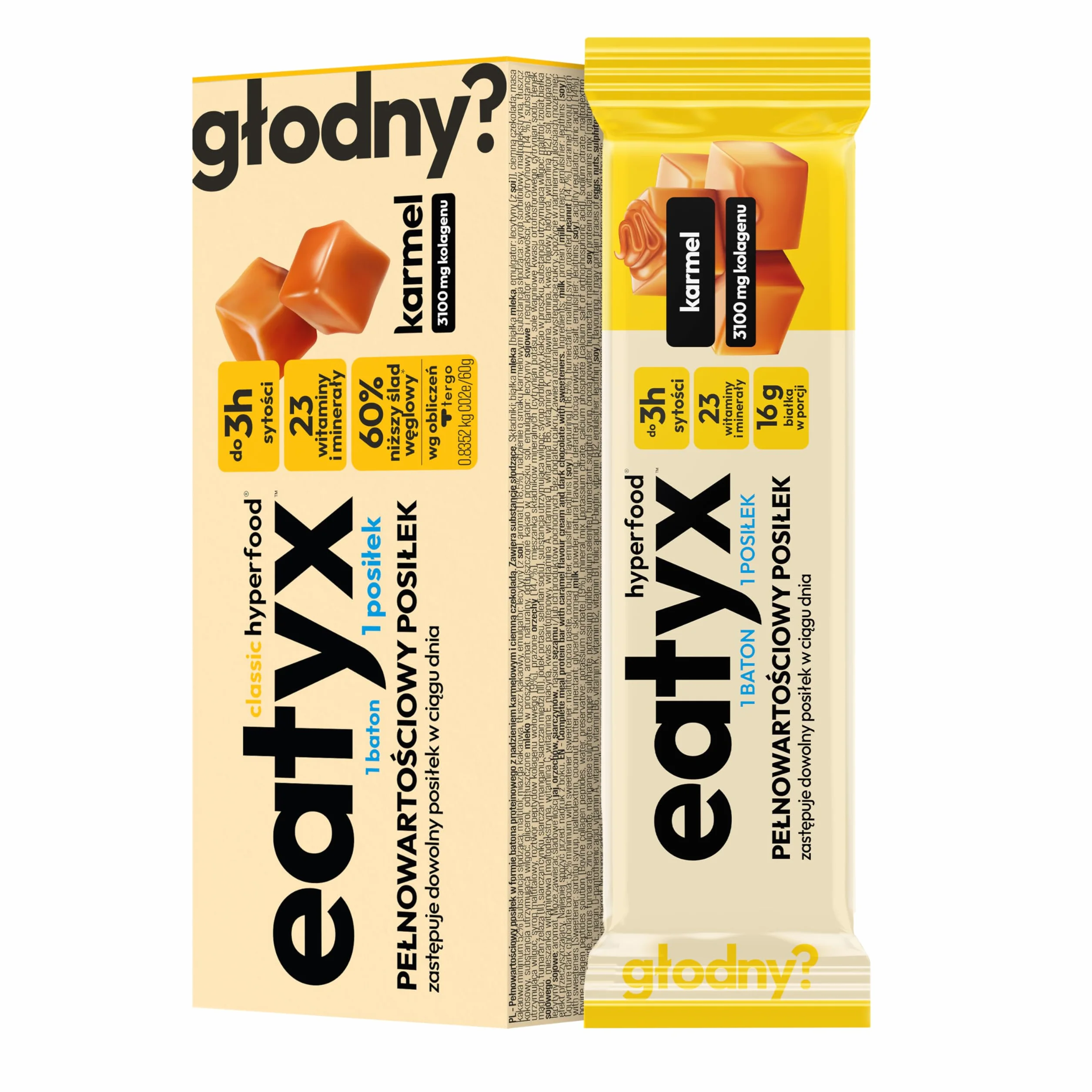 eatyx Baton Karmelowy I Pełnowartościowy Posiłek w Formie Batona I 60g I Źródło 3100 mg kolagenu I Bez cukru i konserwantów I Bez glutenu