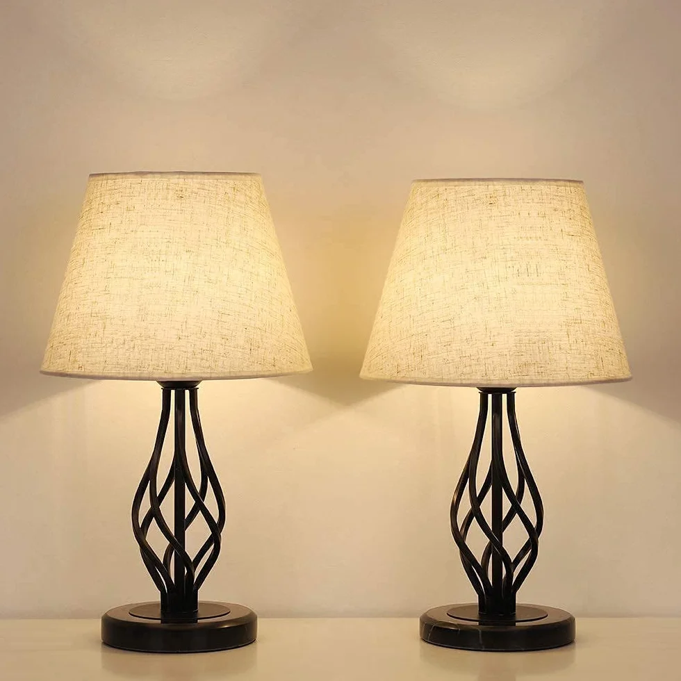 LIANTRAL Lampki nocne, zestaw 2 szt., nowoczesna lampa stołowa z marmurowym cokołem i lnianym kloszem, mała lampa do sypialni, salonu, akademika, dekoracja