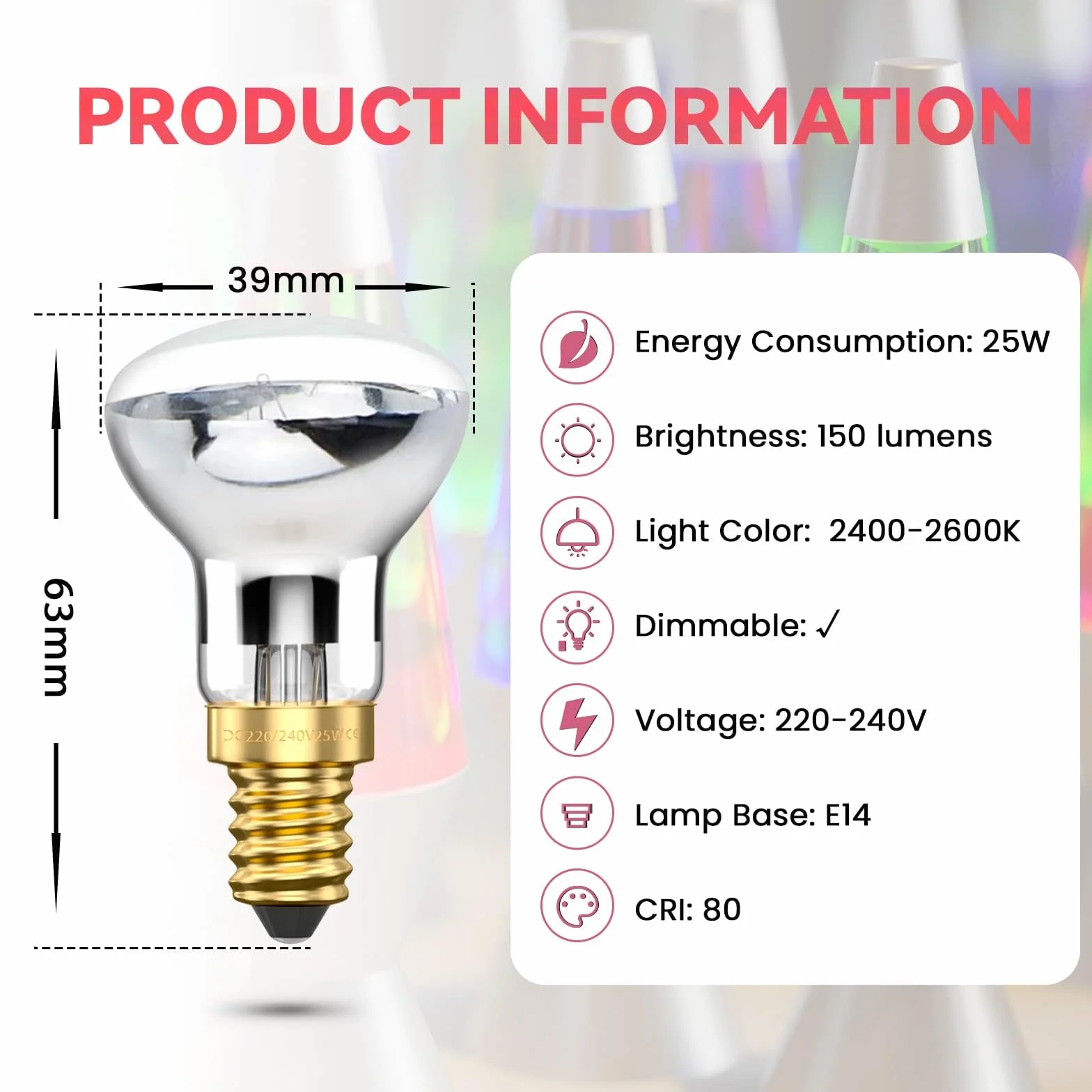 Bonlux 25 W R39 Żarówka E14 Lava Reflektorowa Lampa Przyciemniana Ciepła Biel 2400-2600 K, Śruba, 240 V, Mała Edisona, Kąt Świecenia 360°, 4 Sztuki