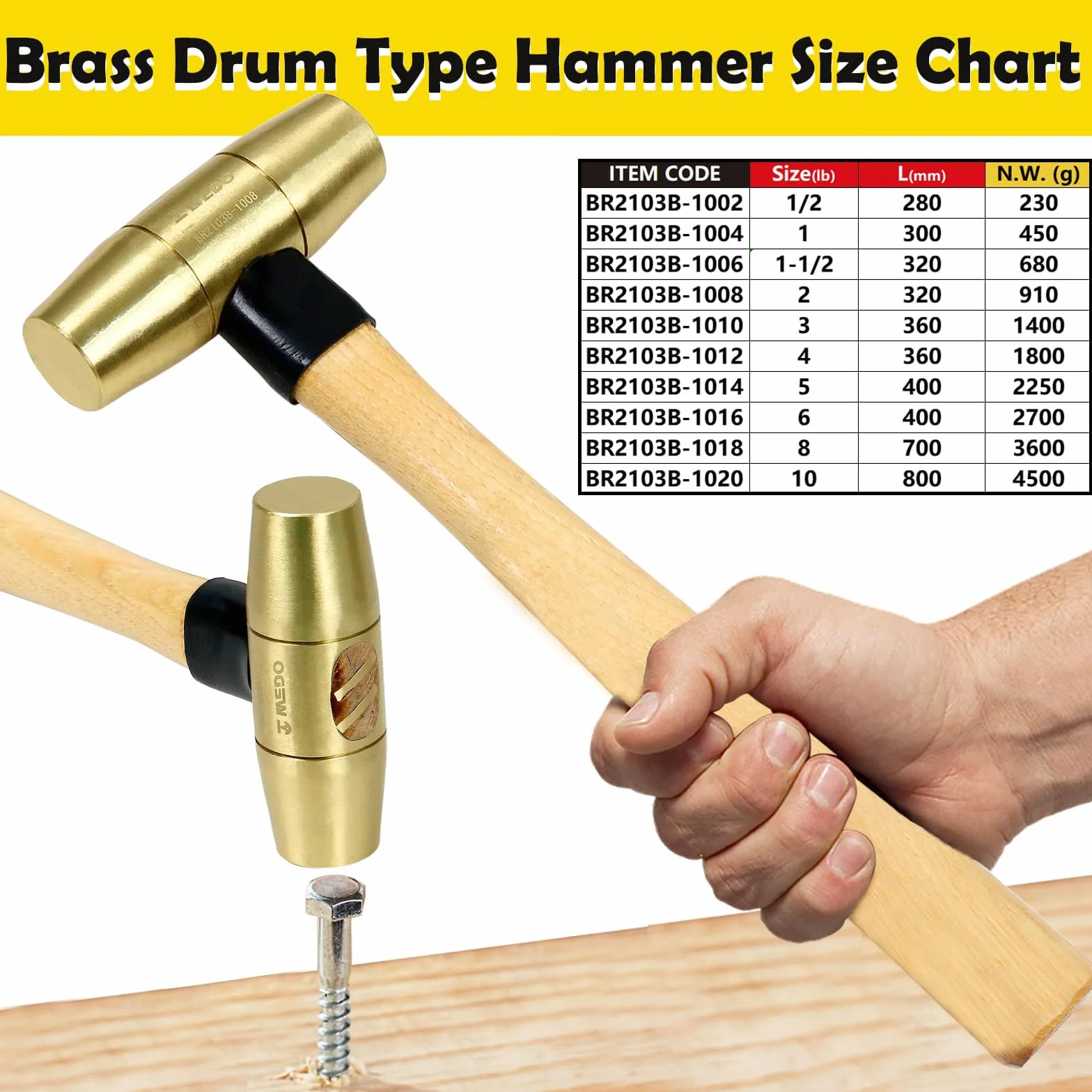 WEDO Club Hammer, młotek kowalski, mosiężny młotek z drewnianym uchwytem, niemagnetyczny, kuty, odporny na korozję, standard DIN, 5 funtów (2250 g), 400 mm