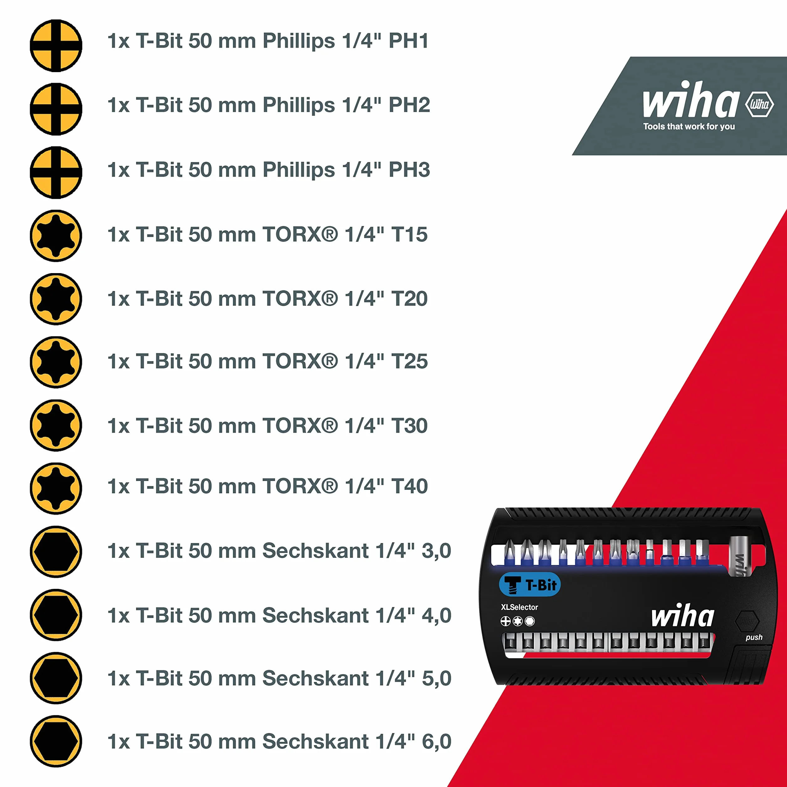 Wiha Zestaw bitów XLSelector T-Bit 50 mm (41831), 13-częściowy, zestaw bitów z magnetycznym uchwytem do bitów, akcesoria do wkręcania, bit do wkrętarki akumulatorowej, Bitbox Phillip/TORX®/ sześcioką