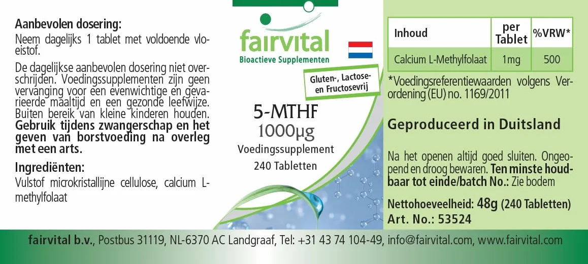 Fairvital | 5-MTHF - 240 tabletek - 1mg na tabletkę - bioaktywny kwas foliowy - płodność i ciąża - sprawdzona jakość i wysoka dawka - 100% wegańskie - wyprodukowano w Niemczech
