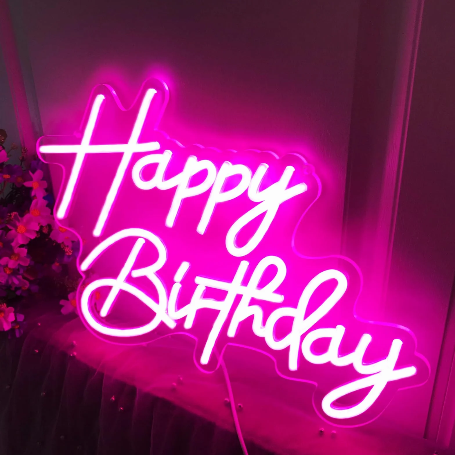 Różowy Happy Birthday Neon Light Party Birthday Light niespodzianka Jasny miękki przełącznik może kontrolować moc z regulowanego gniazda USB dla wygodnego transportu