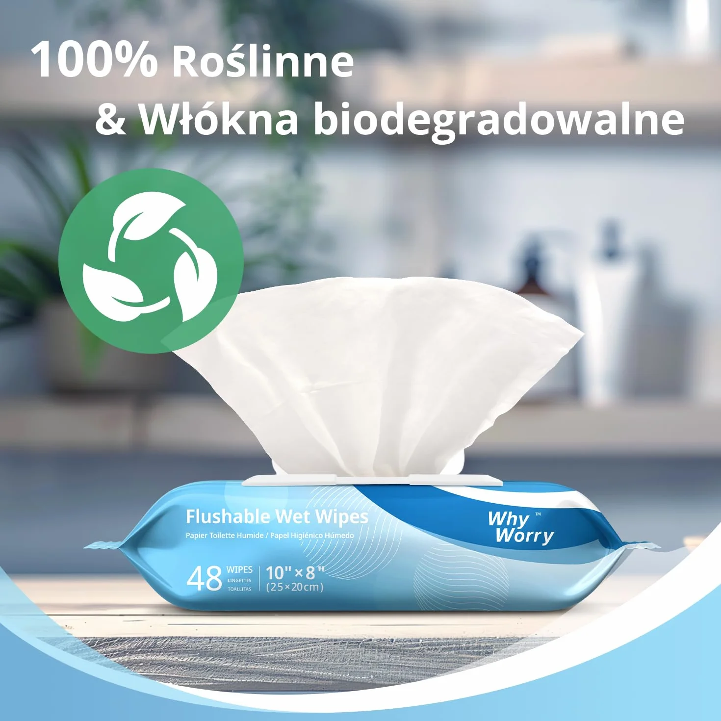 WhyWorry Wilgotny Papier Toaletowy Spłukiwalny, 20x25cm Bardzo Duże Nawilżany Papier Toaletowy z rumiankiem, Chusteczki Nawilżanej Dorosłych, Biodegradowalny, Bez Plastiku, Morze, 144 Sztuk
