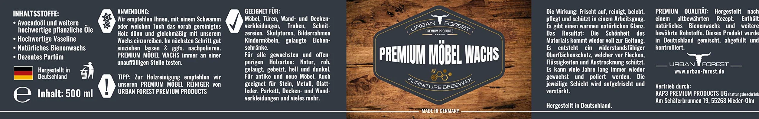 Urban Forest bezbarwny wosk premium do mebli do pielęgnacji mebli i ochrony drewna wewnątrz i na zewnątrz, wosk do drewna z woskiem pszczelim do pielęgnacji drewnianych mebli, 500 ml.