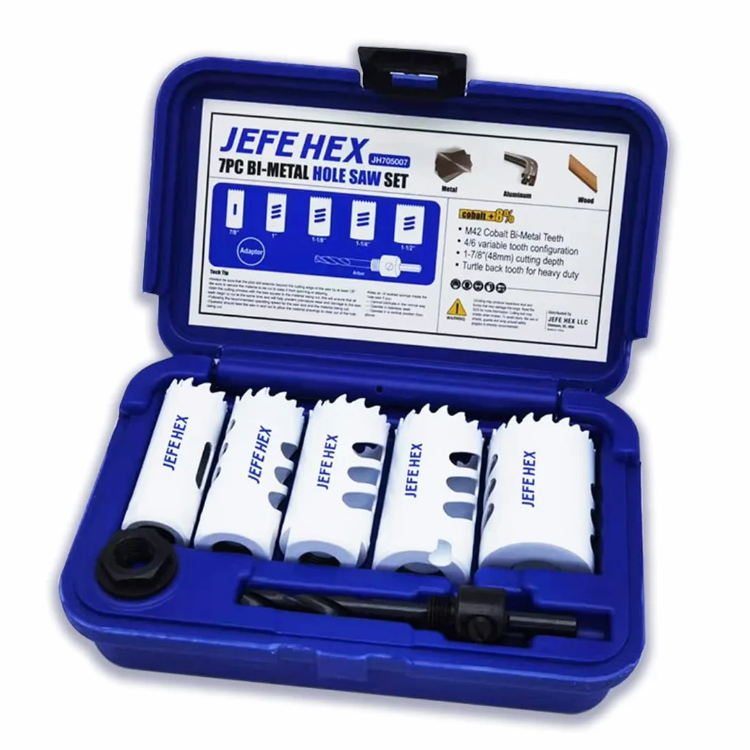 JEFE HEX Zestaw otwornic bi-metalowych, 7-częściowy zestaw otwornic 7/20.3 cm, 2.5 cm, 1-1/20.3 cm, 1-1/20.3 cm, 1-1/10.2 cm i 1-1/5.1 cm otwornica z trzpieniami do metalu, drewna, tworzywa