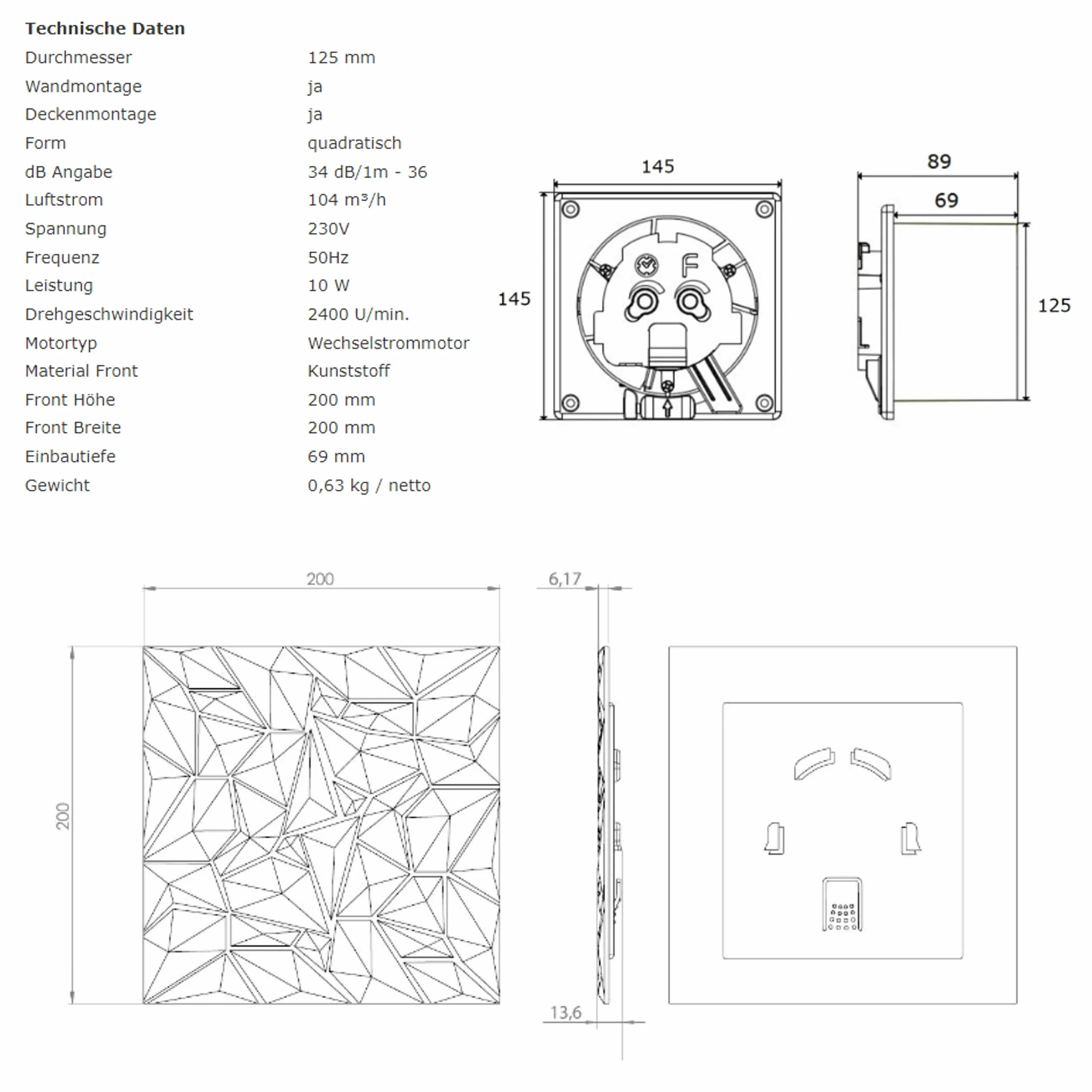 MKK Wentylator łazienkowy, wentylator do pomieszczeń mieszkalnych, panel diamentowy, biały, Ø 125 mm, przełącznik pociągany