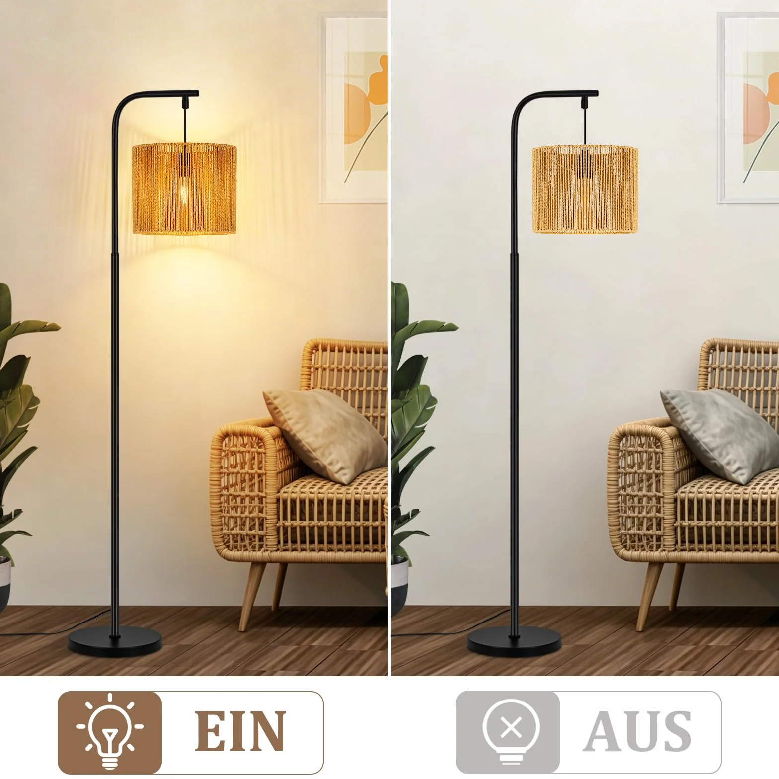 lampa podłogowa boho nowoczesna łukowa konstrukcja z czarnym | linowym abażurem włącznik nożny gniazdo E27 Idealna do salonu sypialni biura czy tarasu