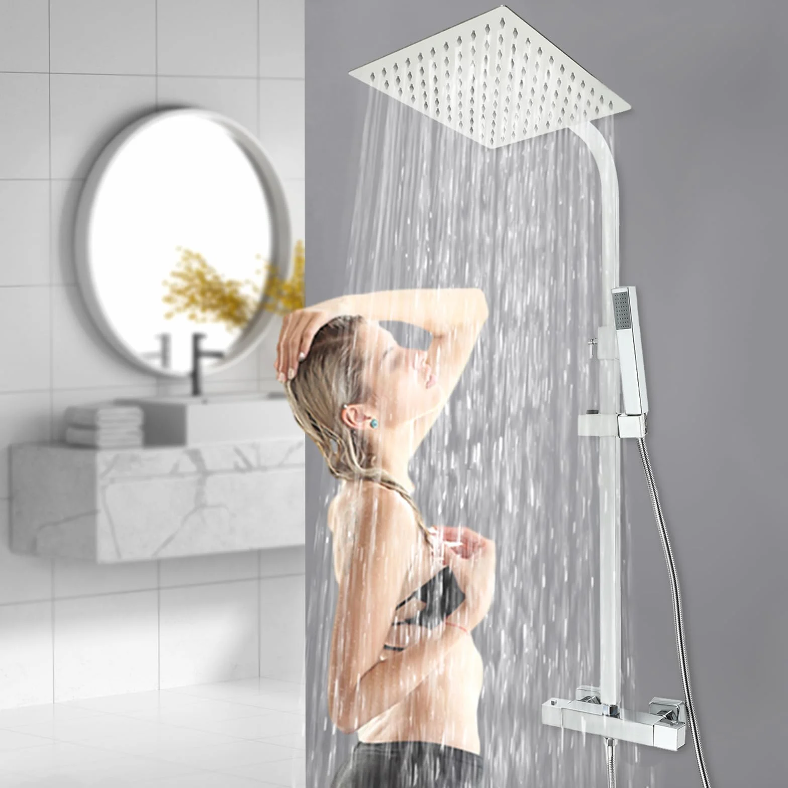 OUKANING Termostat zestaw prysznicowy z zaworem ceramicznym i 2 trybami, 38°C, ochrona przed spalaniem, mosiądz, nierdzewny, deszczownica z termostatem (srebrny)